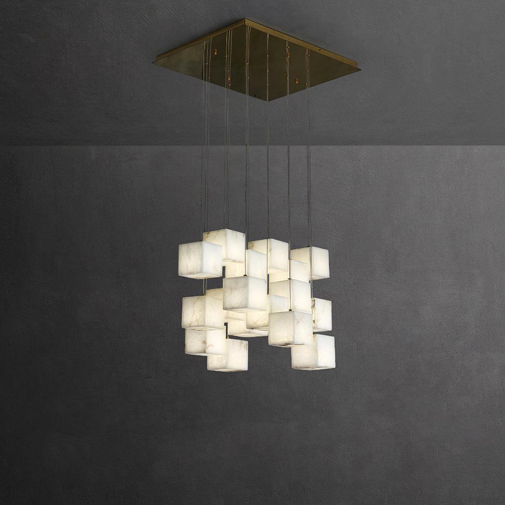 Modern Geometric Alabaster Box Pendant Light White Stone Cube Hanging Chandelier