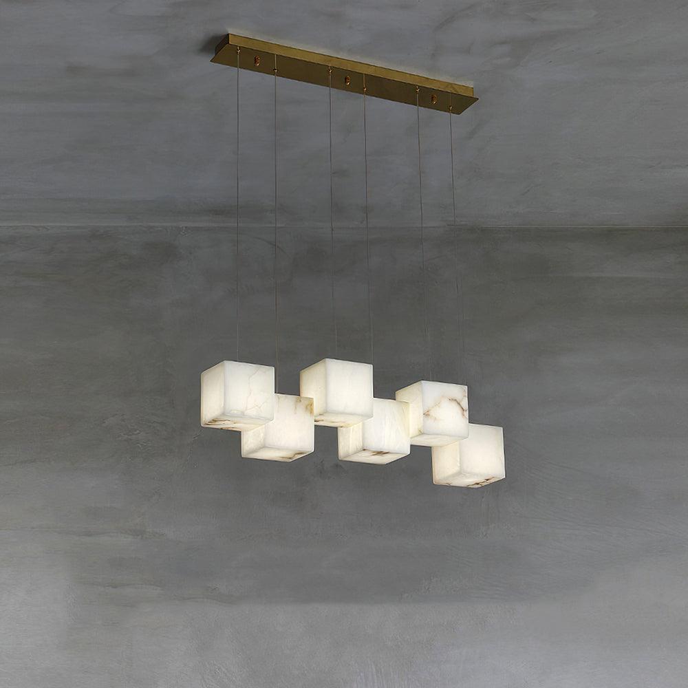 Modern Geometric Alabaster Box Pendant Light White Stone Cube Hanging Chandelier