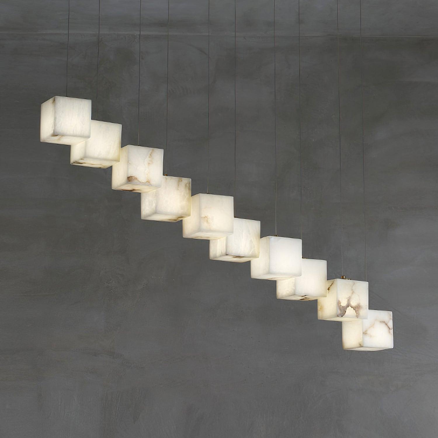 Modern Geometric Alabaster Box Pendant Light White Stone Cube Hanging Chandelier