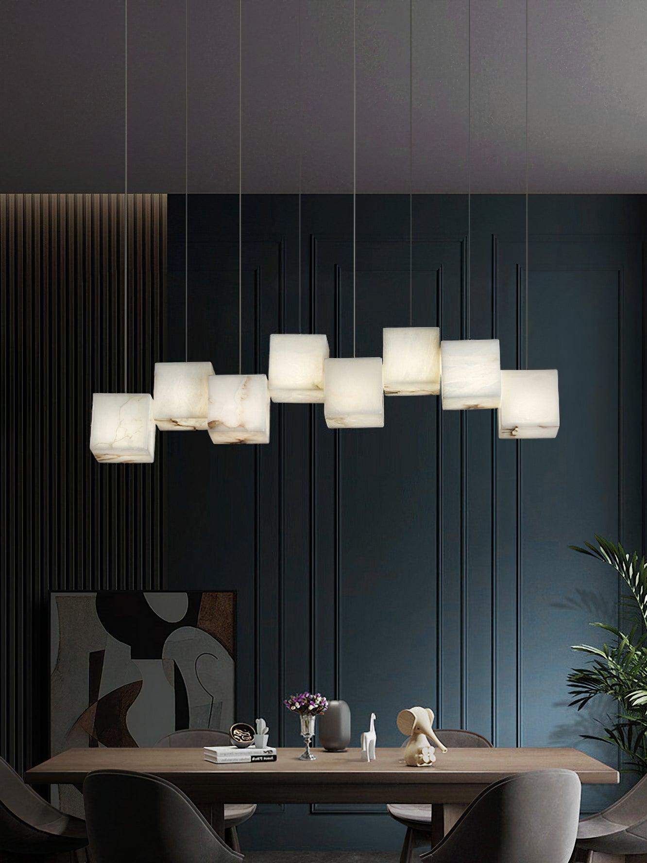 Modern Geometric Alabaster Box Pendant Light White Stone Cube Hanging Chandelier