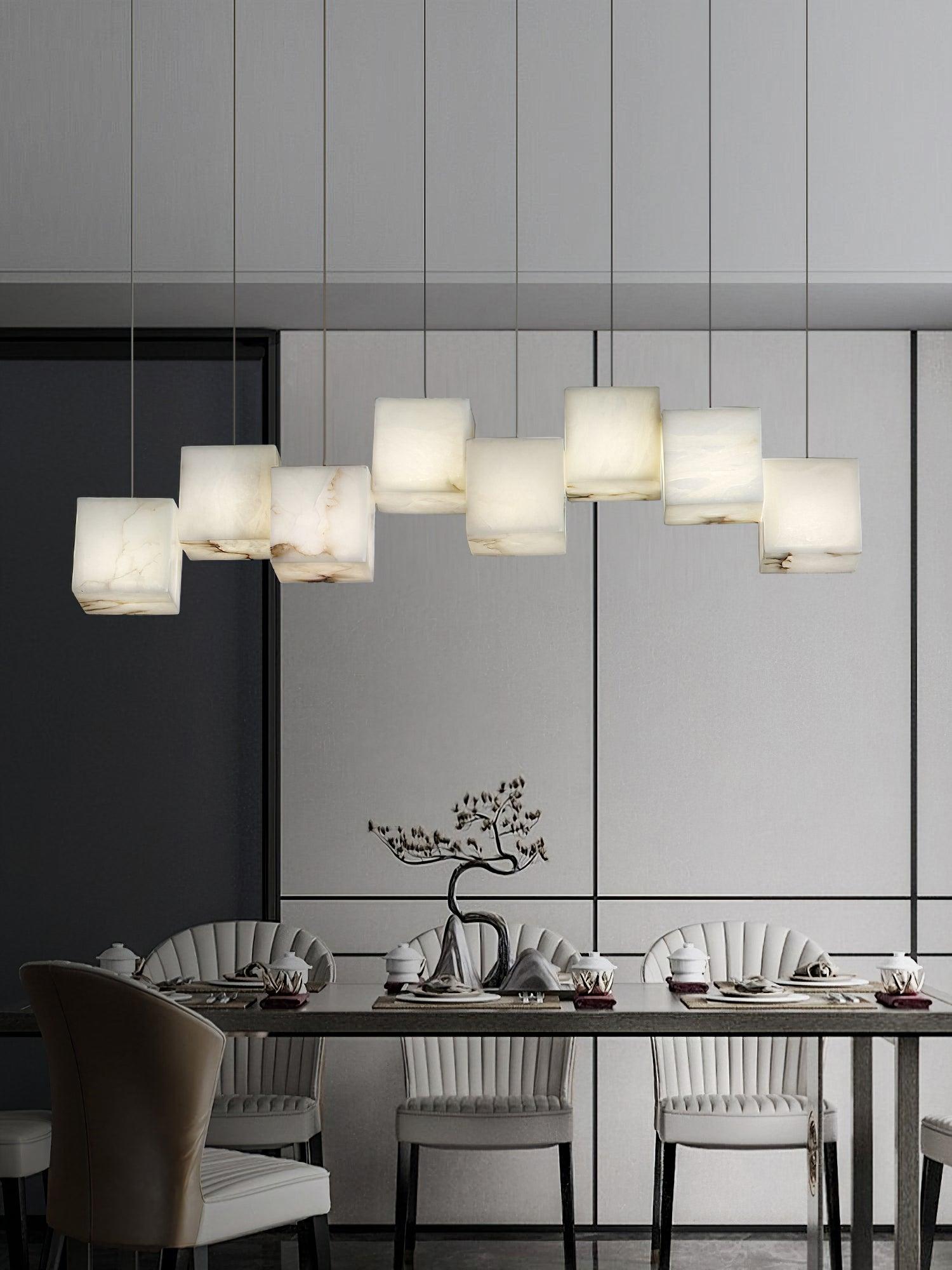 Modern Geometric Alabaster Box Pendant Light White Stone Cube Hanging Chandelier