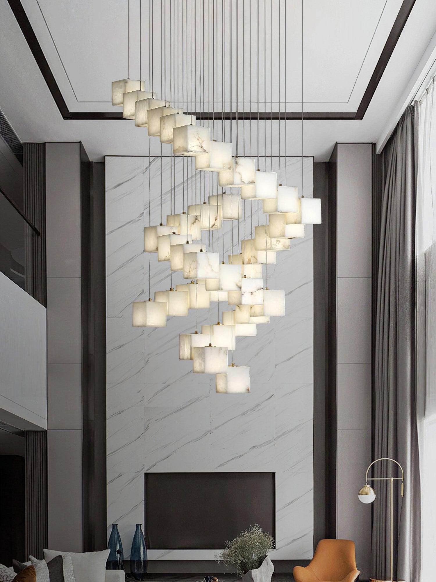 Modern Geometric Alabaster Box Pendant Light White Stone Cube Hanging Chandelier