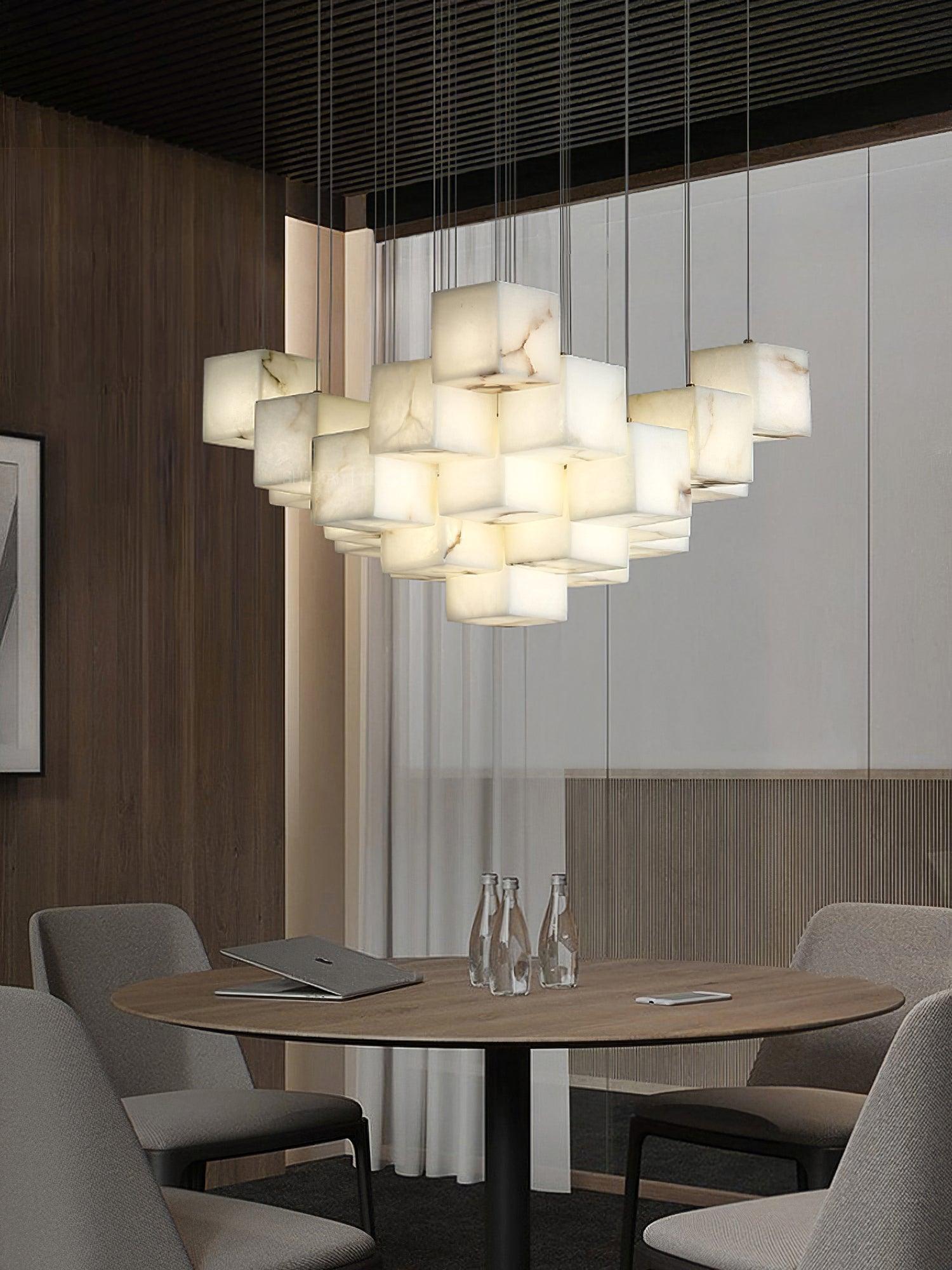 Modern Geometric Alabaster Box Pendant Light White Stone Cube Hanging Chandelier