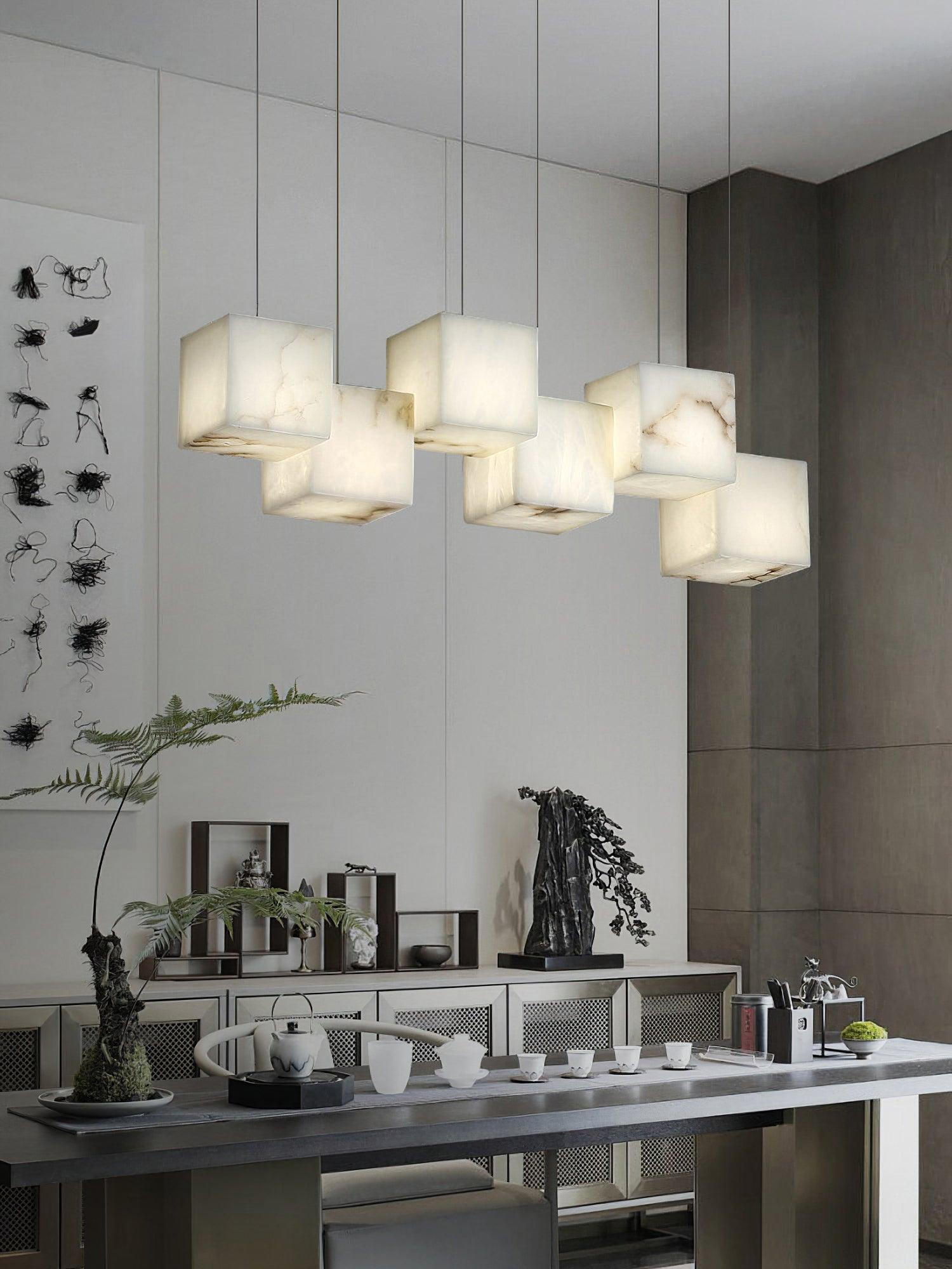 Modern Geometric Alabaster Box Pendant Light White Stone Cube Hanging Chandelier