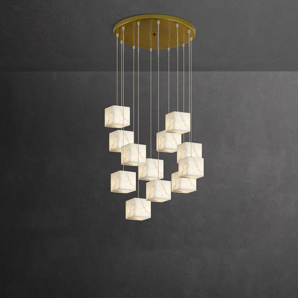 Modern Geometric Alabaster Box Pendant Light White Stone Cube Hanging Chandelier
