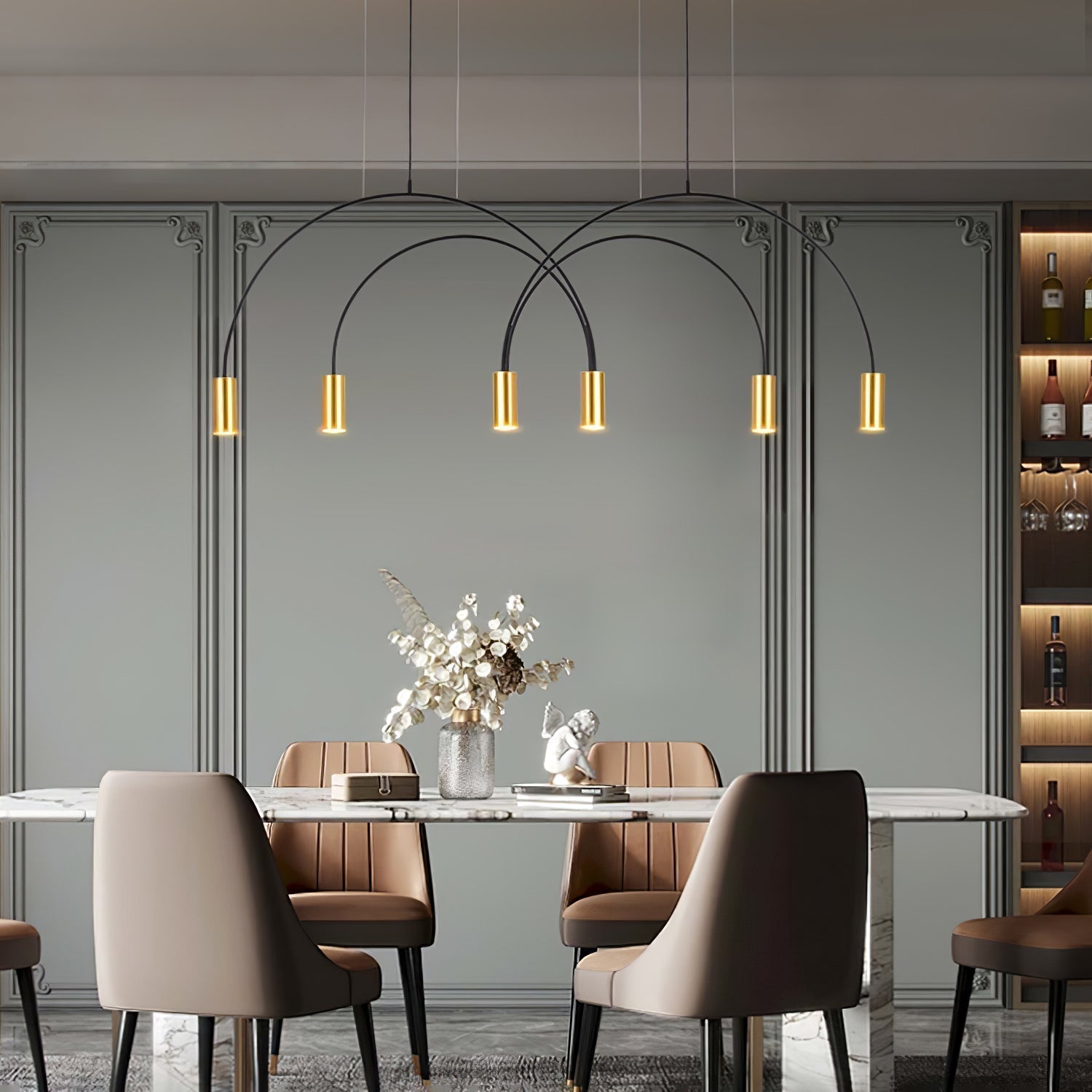 Modern Geometric Arcs Pendant Chandelier with Cylindrical Aluminum Heads and Adjustable Arms