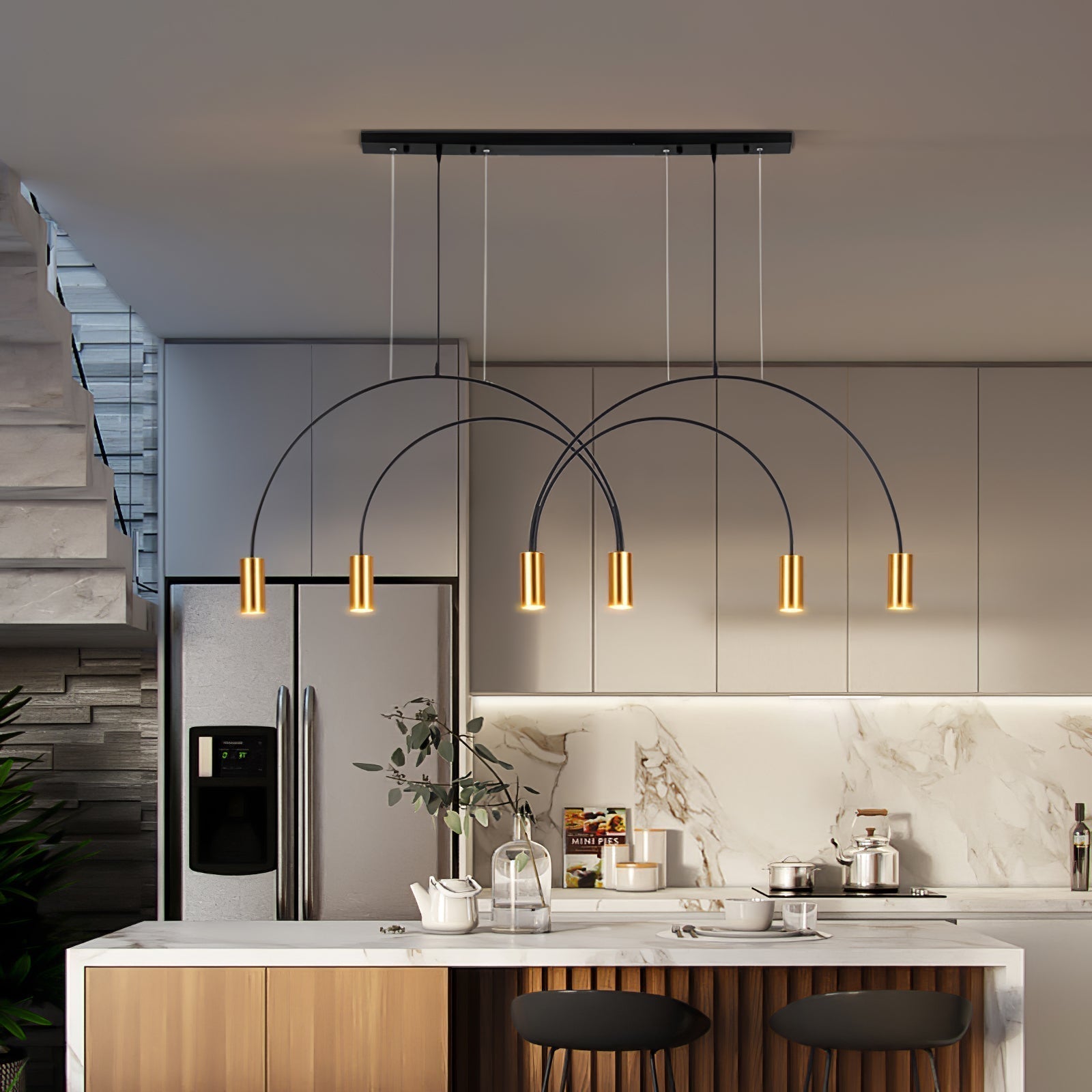 Modern Geometric Arcs Pendant Chandelier with Cylindrical Aluminum Heads and Adjustable Arms