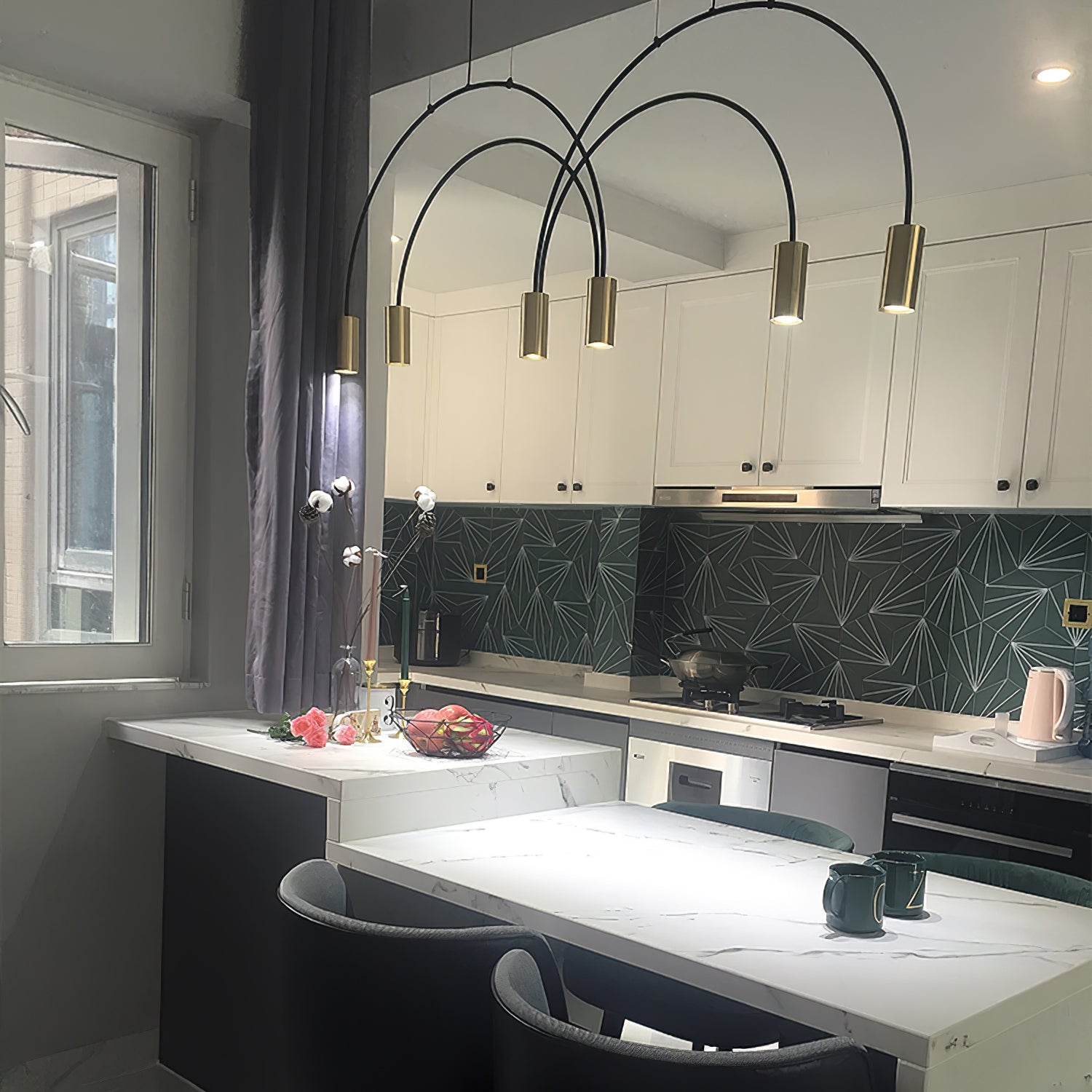 Modern Geometric Arcs Pendant Chandelier with Cylindrical Aluminum Heads and Adjustable Arms