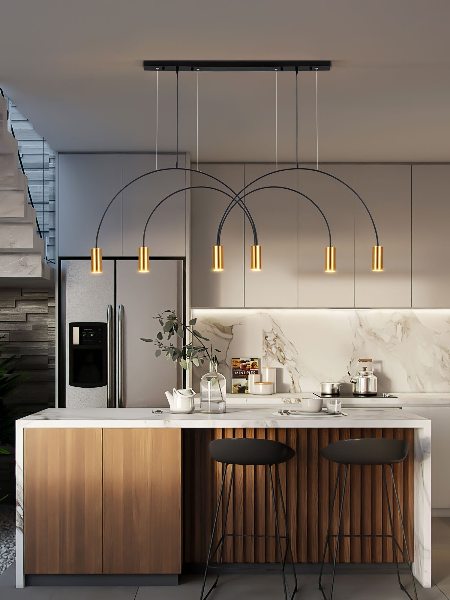 Modern Geometric Arcs Pendant Chandelier with Cylindrical Aluminum Heads and Adjustable Arms