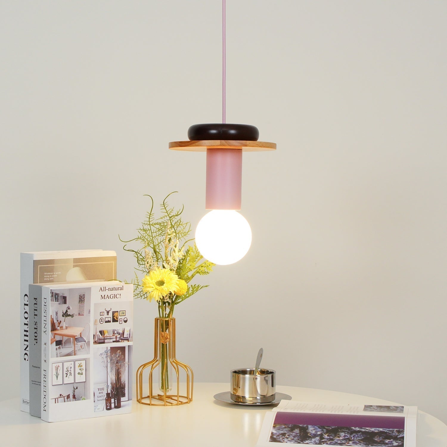 Modern Geometric Building Blocks Hanging Pendant Light with Wood and Metal Accents