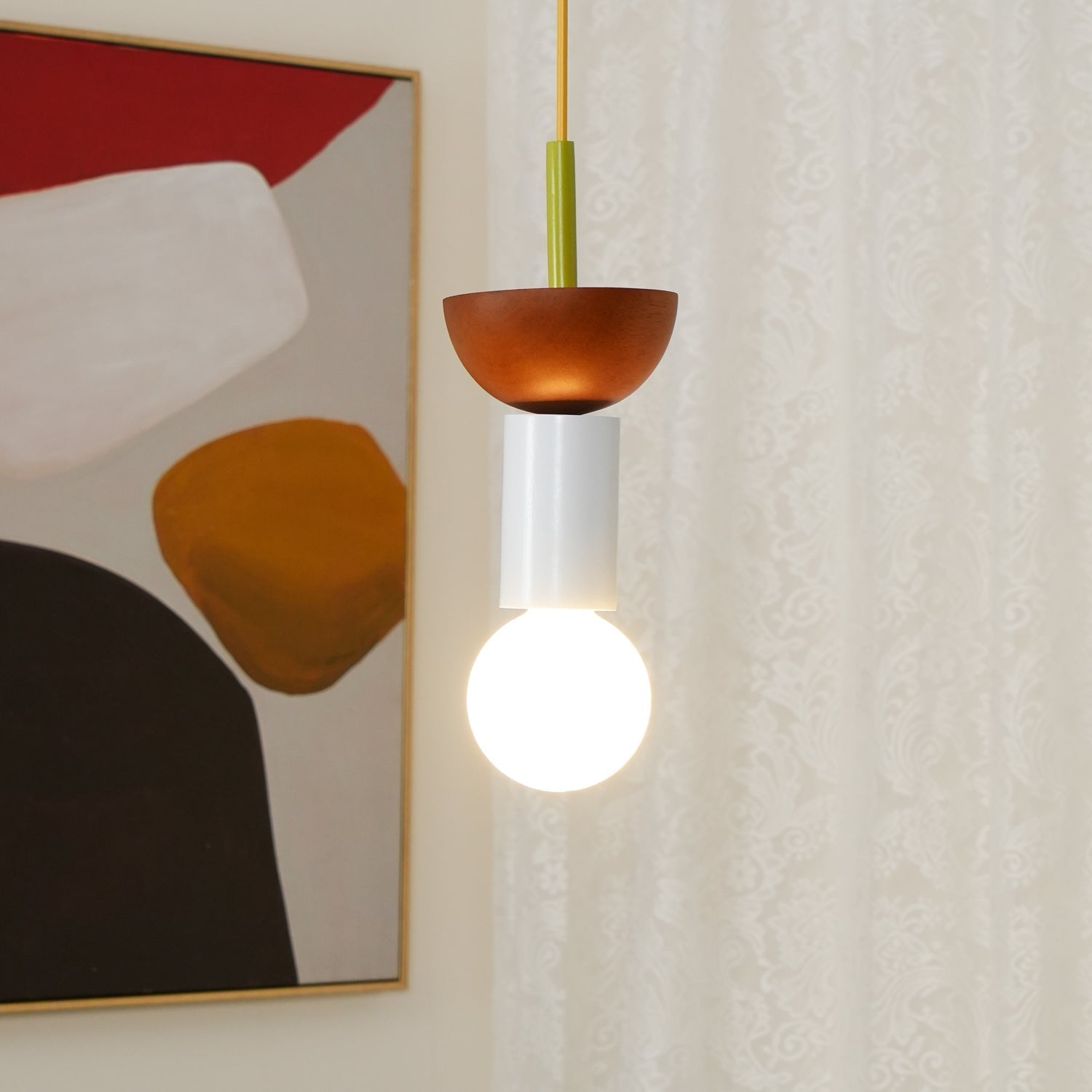 Modern Geometric Building Blocks Hanging Pendant Light with Wood and Metal Accents