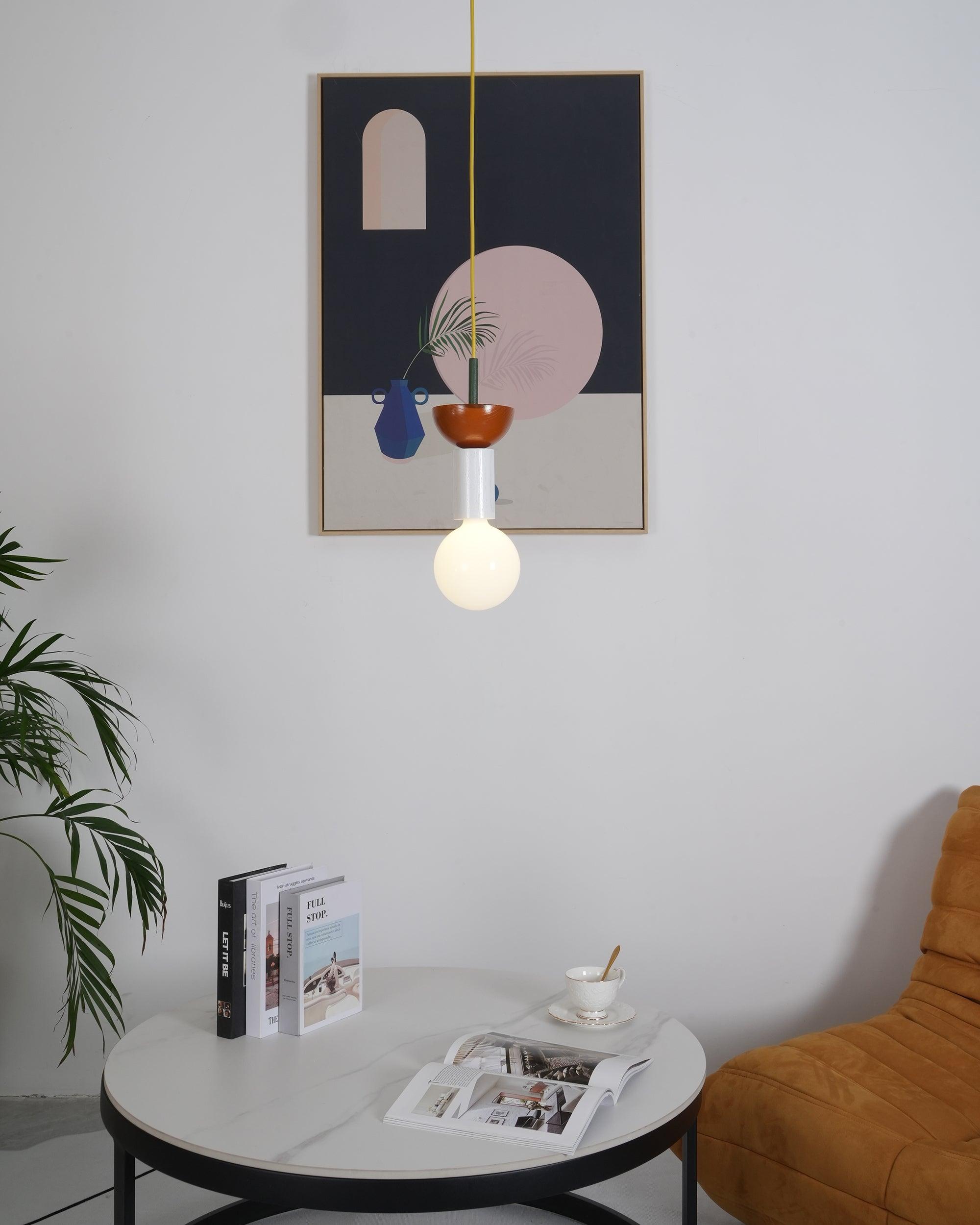 Modern Geometric Building Blocks Hanging Pendant Light with Wood and Metal Accents