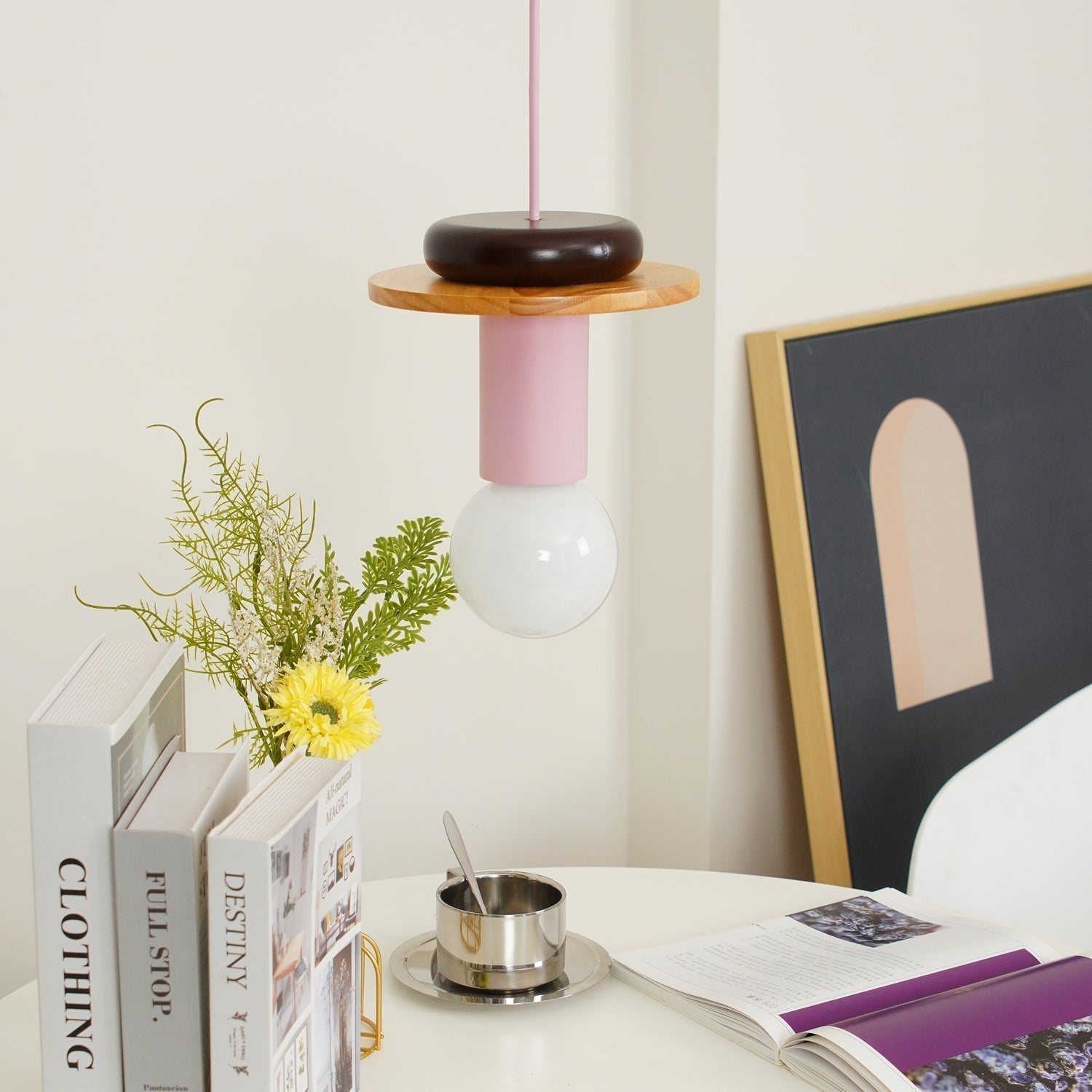 Modern Geometric Building Blocks Hanging Pendant Light with Wood and Metal Accents