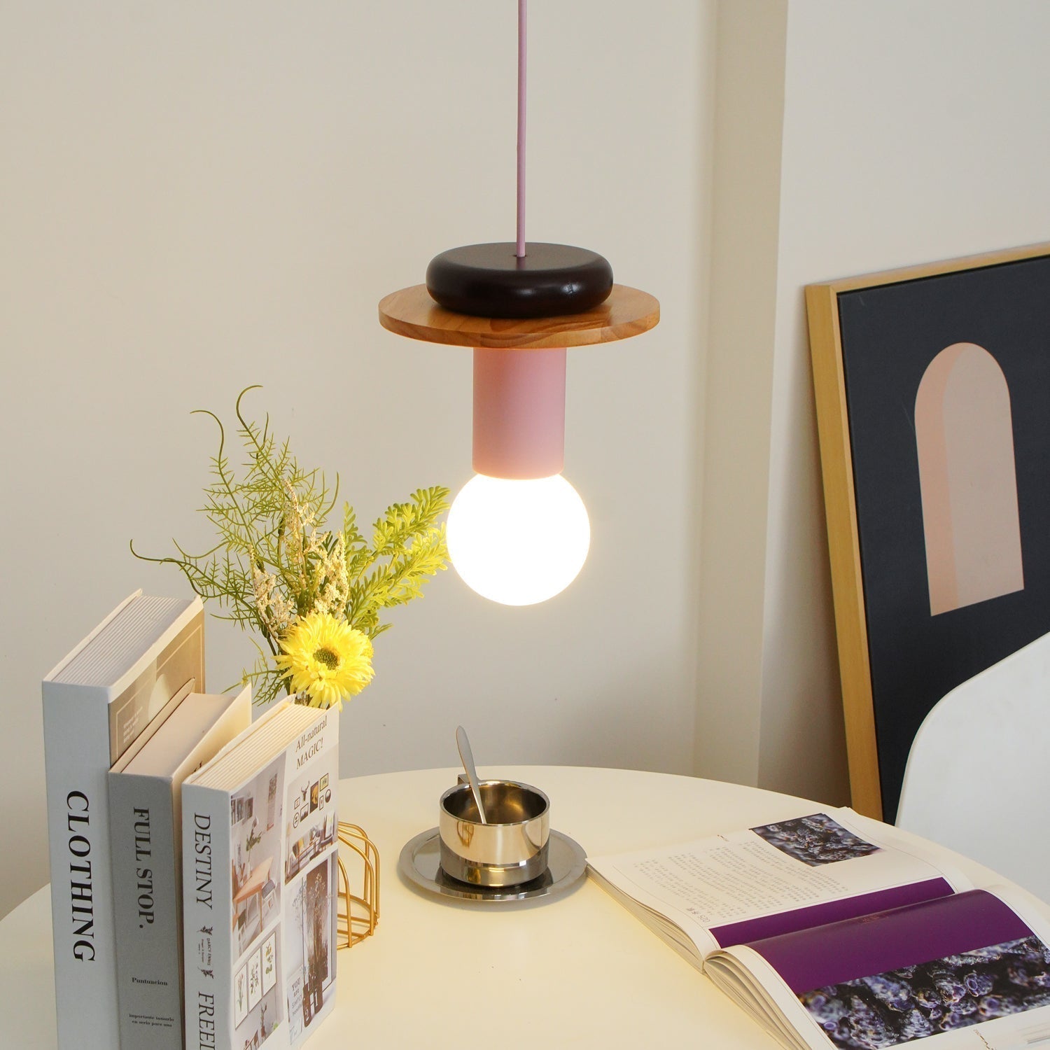 Modern Geometric Building Blocks Hanging Pendant Light with Wood and Metal Accents