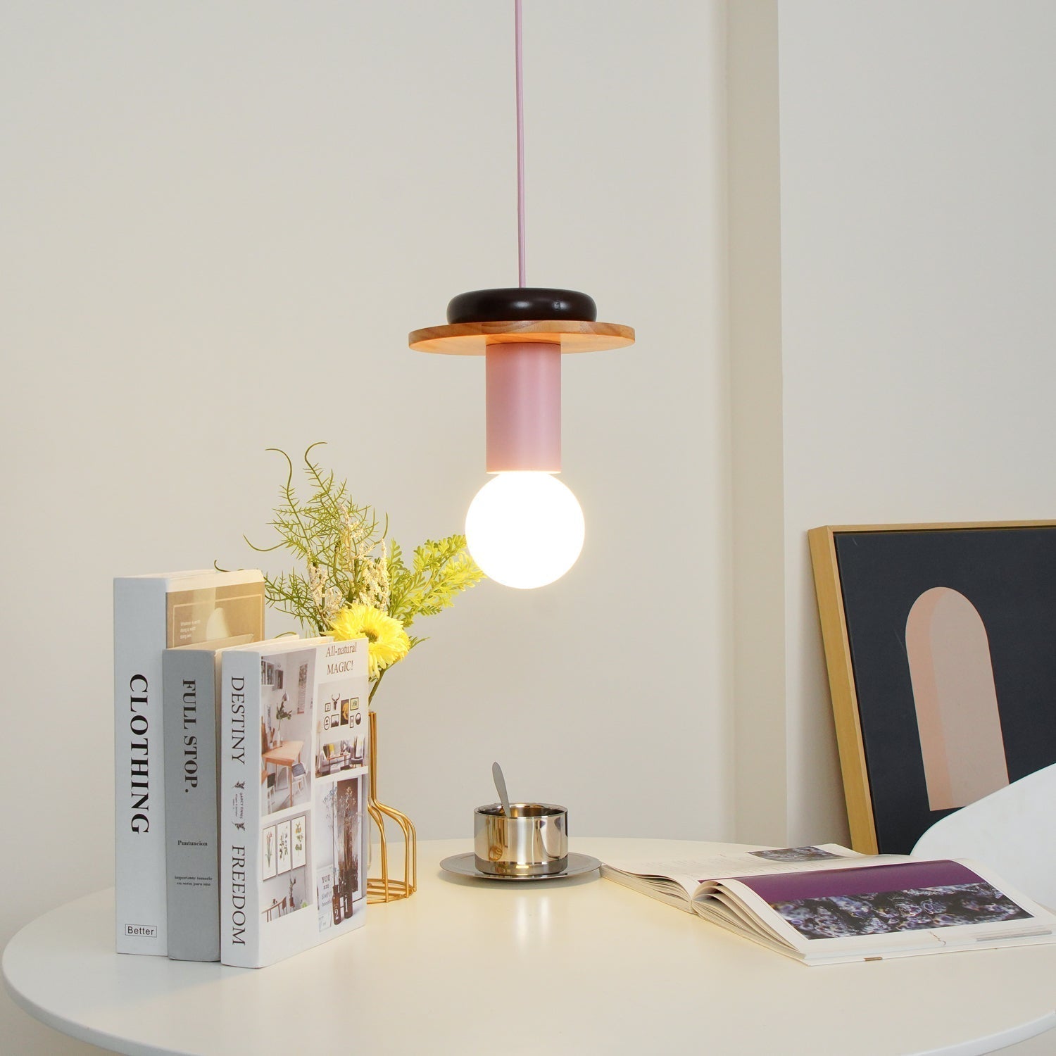 Modern Geometric Building Blocks Hanging Pendant Light with Wood and Metal Accents