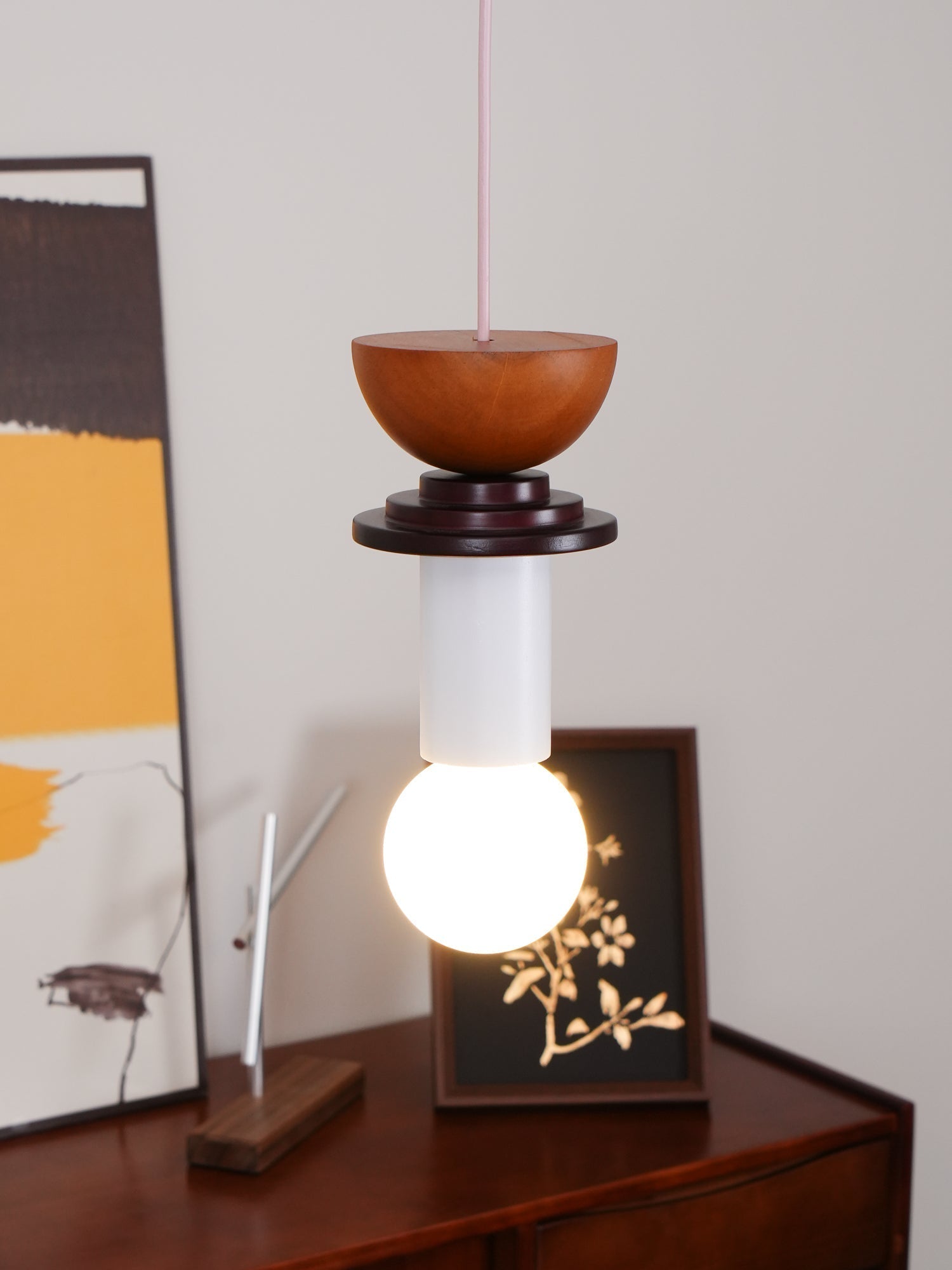 Modern Geometric Building Blocks Hanging Pendant Light with Wood and Metal Accents