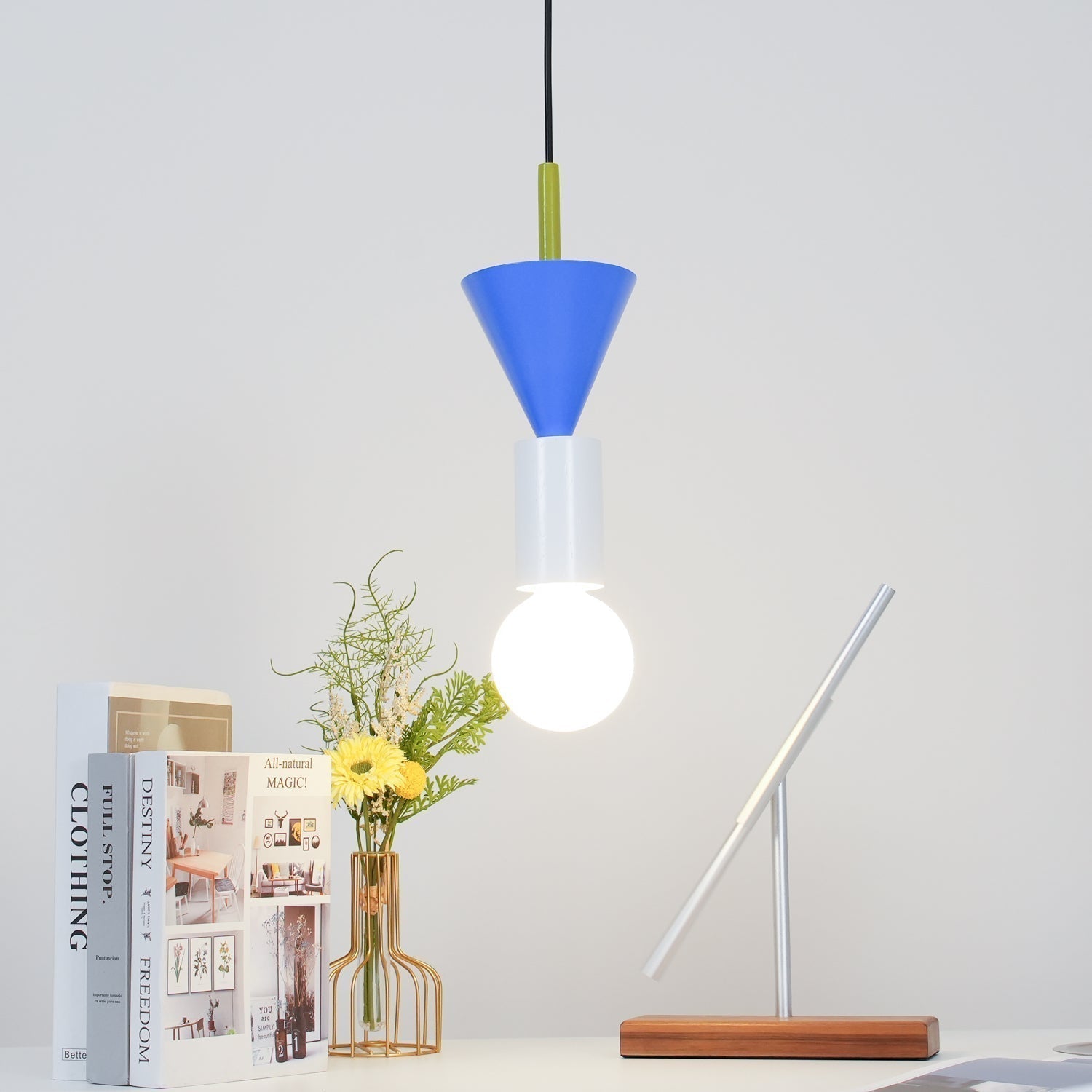 Modern Geometric Building Blocks Hanging Pendant Light with Wood and Metal Accents
