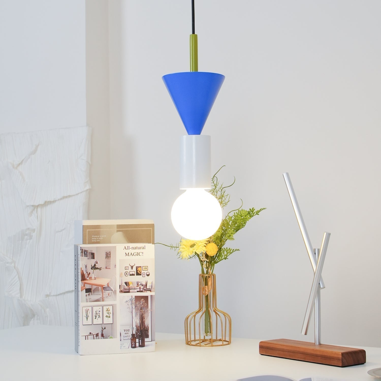 Modern Geometric Building Blocks Hanging Pendant Light with Wood and Metal Accents