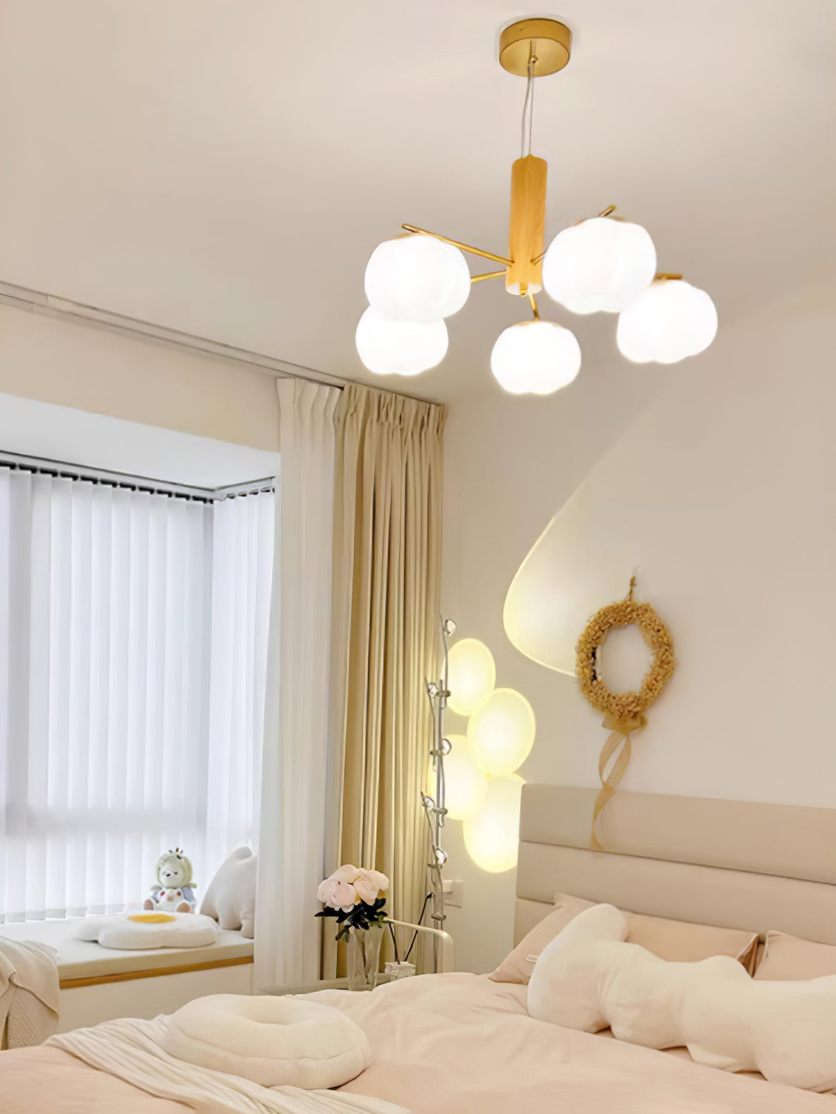 Modern Geometric Cotton Ball Chandelier Gold Metal and PE Acrylic Pendant Light