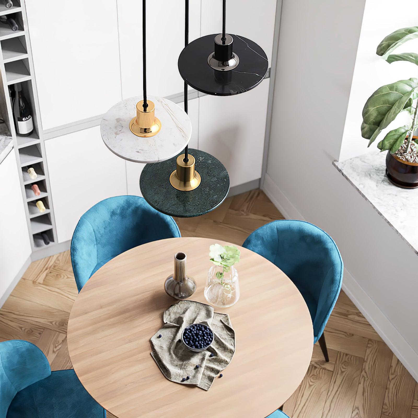 Modern Geometric Double Circle Marble LED Pendant Light for Dining Room Gold and Black Finish