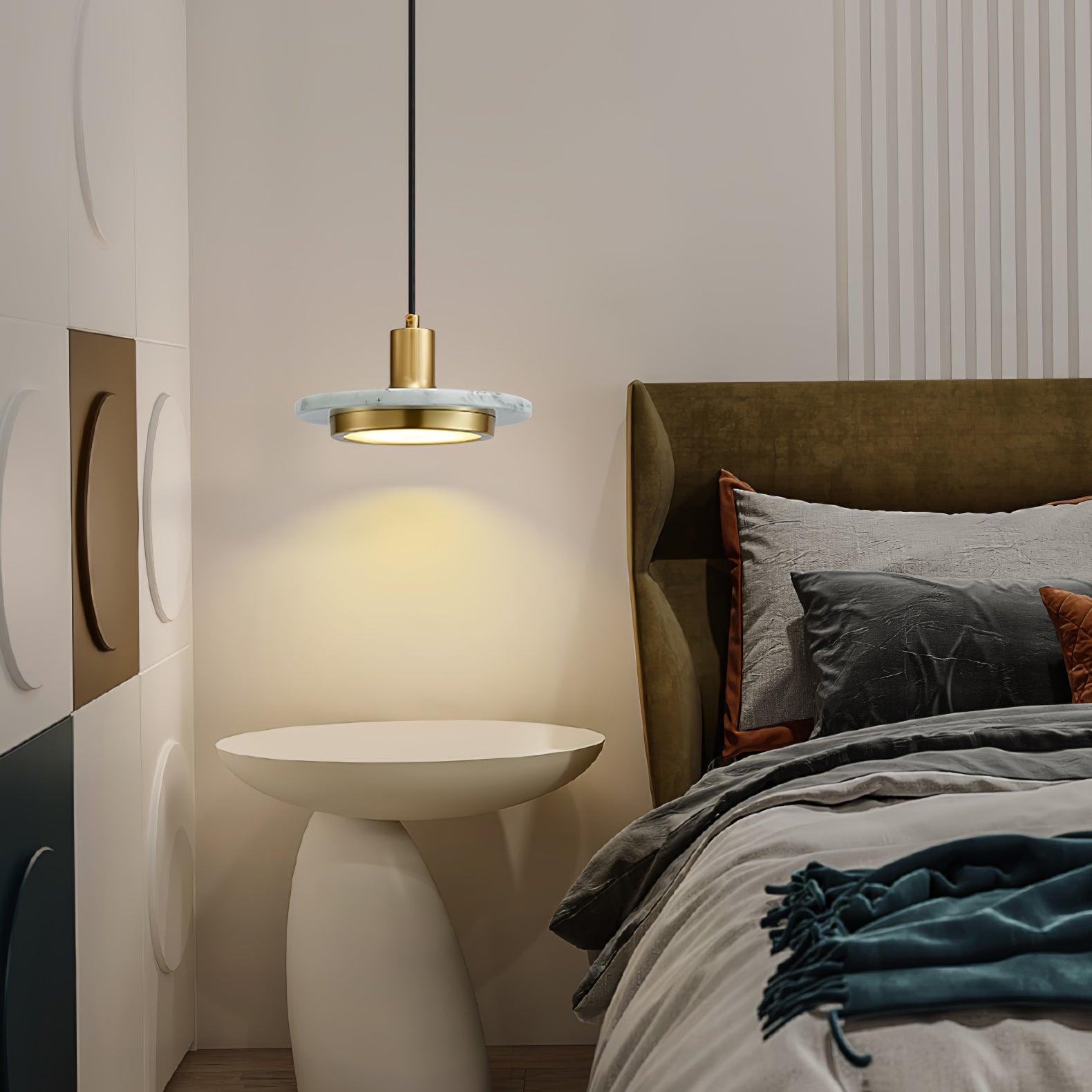 Modern Geometric Double Circle Marble LED Pendant Light for Dining Room Gold and Black Finish