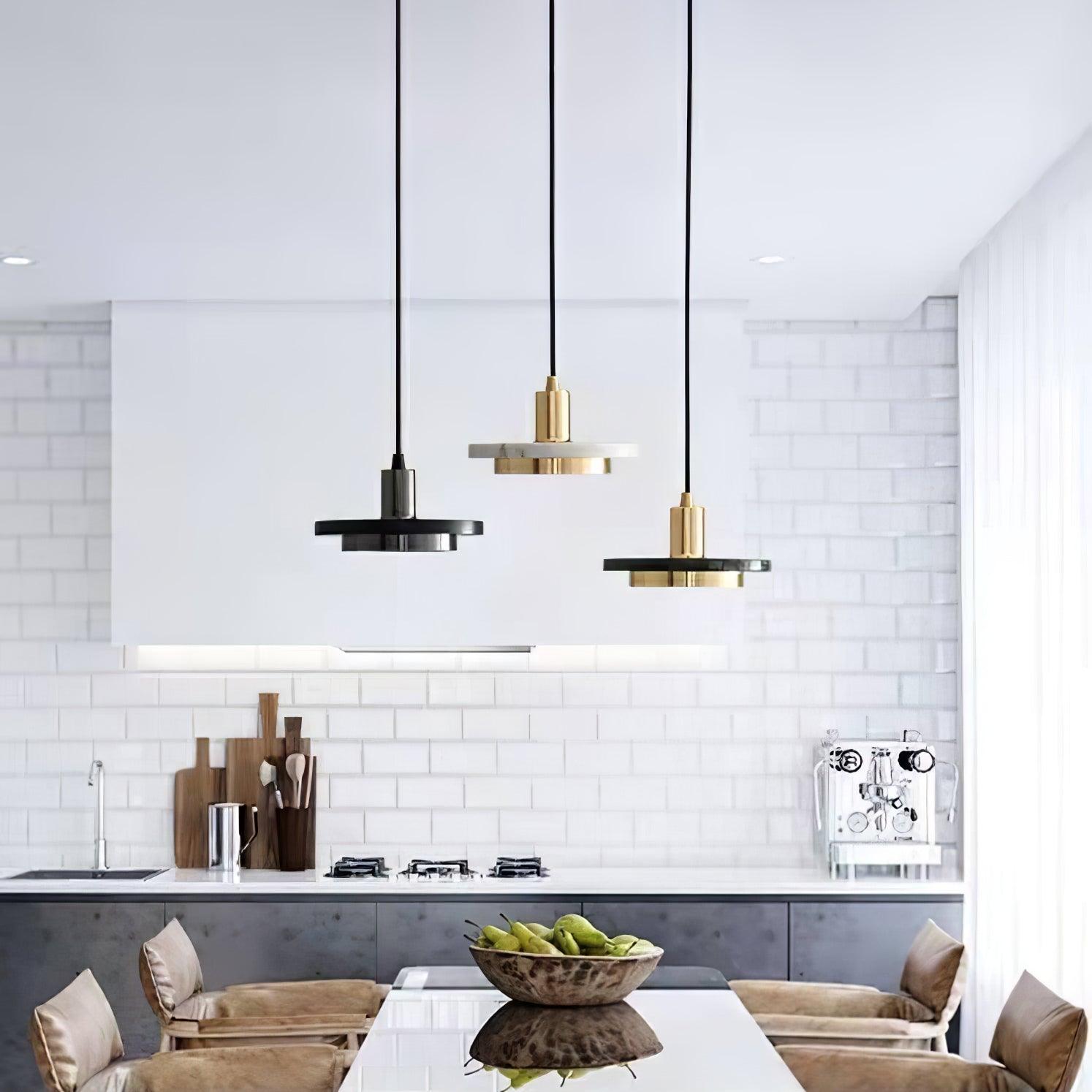 Modern Geometric Double Circle Marble LED Pendant Light for Dining Room Gold and Black Finish