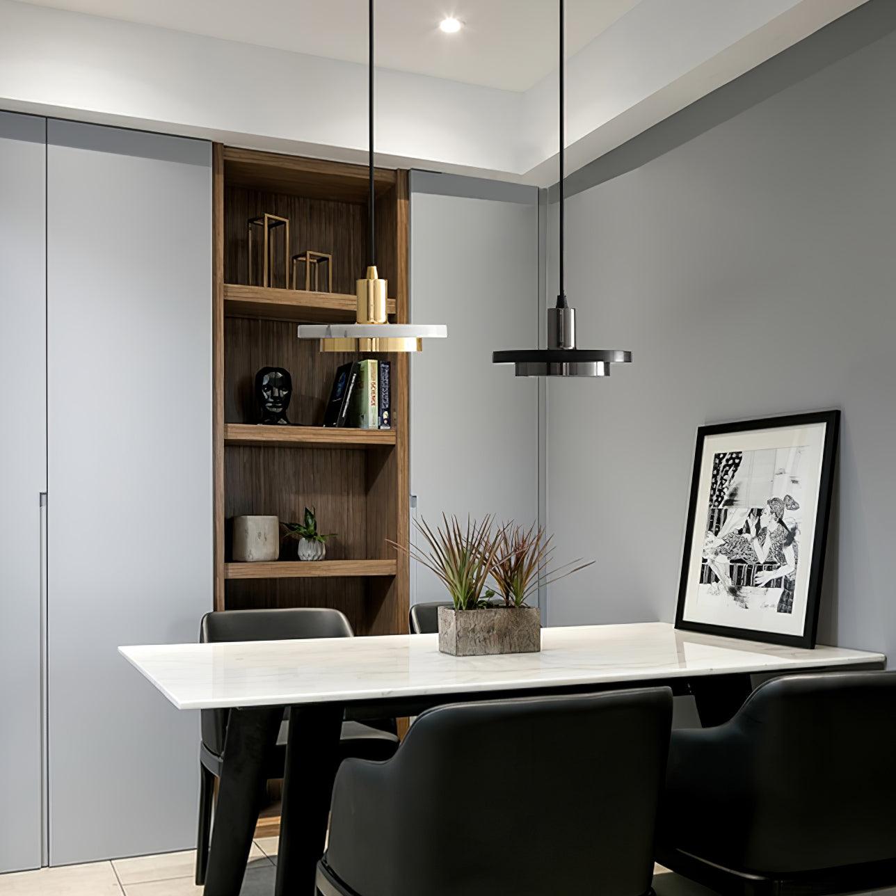 Modern Geometric Double Circle Marble LED Pendant Light for Dining Room Gold and Black Finish