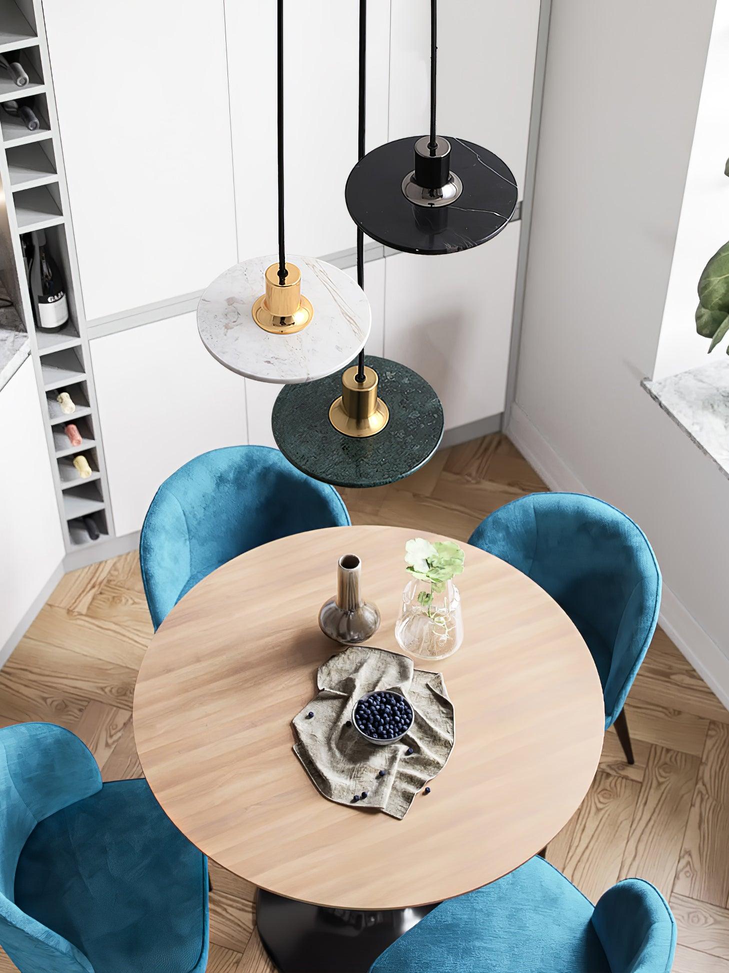 Modern Geometric Double Circle Marble LED Pendant Light for Dining Room Gold and Black Finish