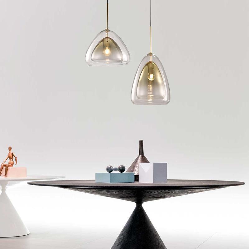 Modern Geometric Glass Pendant Light Gold Finish Double Layer Triangle Hanging Lamp