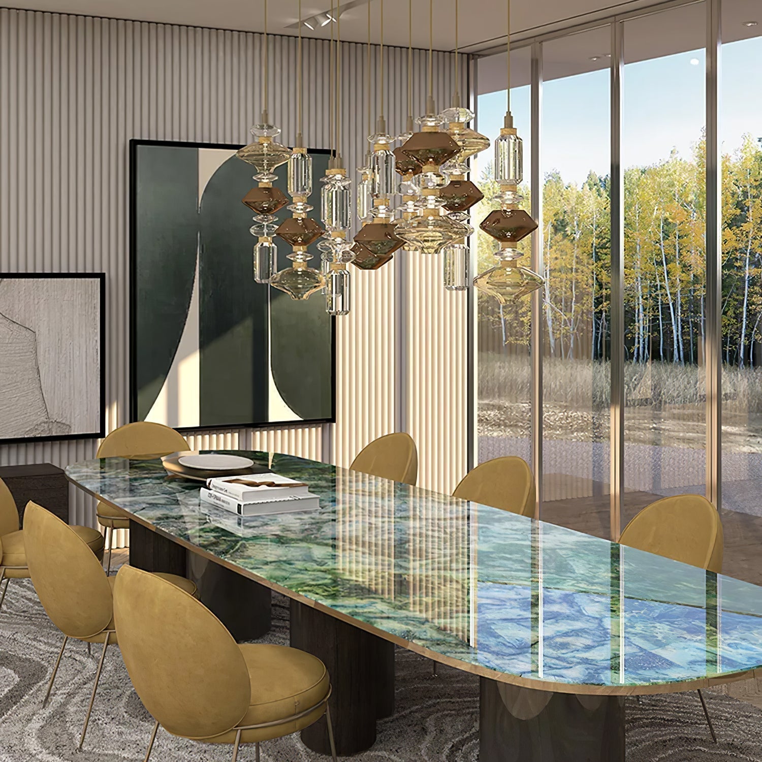 Modern Geometric Glass Pendant Light Gold Finish Integrated LED Ceiling Lamp for Dining Room