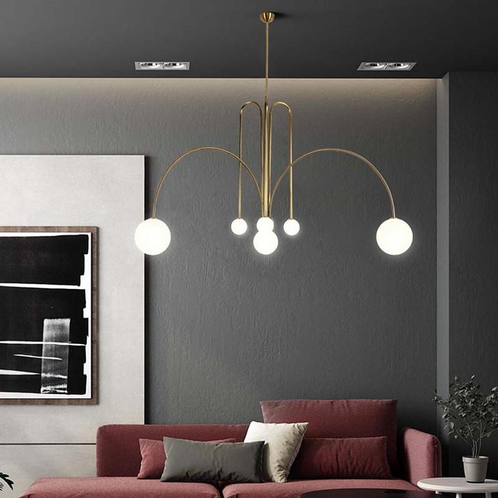 Modern Geometric Industrial Dining Room Chandelier with Glass Shades and Metal Frame 6 Light