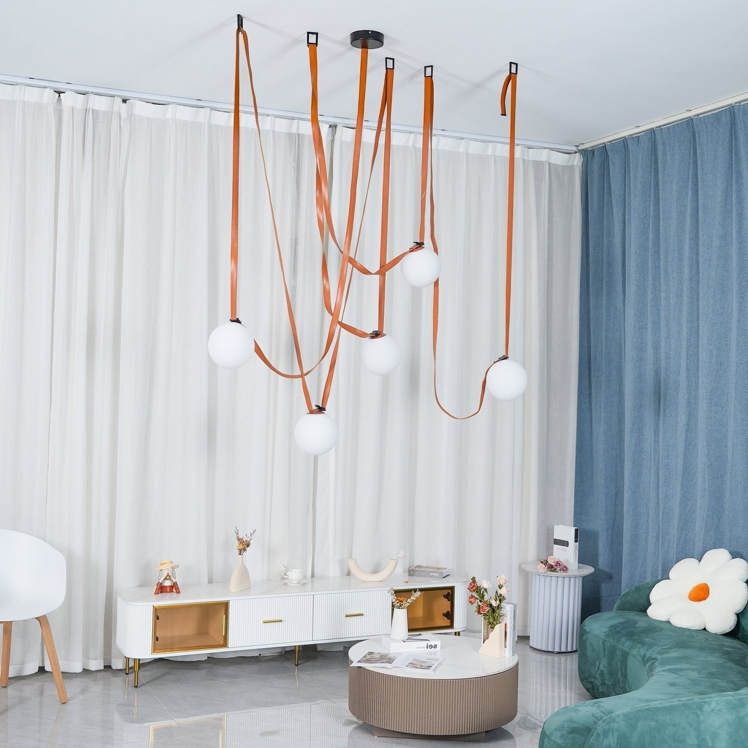 Modern Geometric Leather Belt Multi Head Glass Globe Pendant Light for Living Room