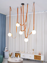 Modern Geometric Leather Belt Multi Head Glass Globe Pendant Light for Living Room