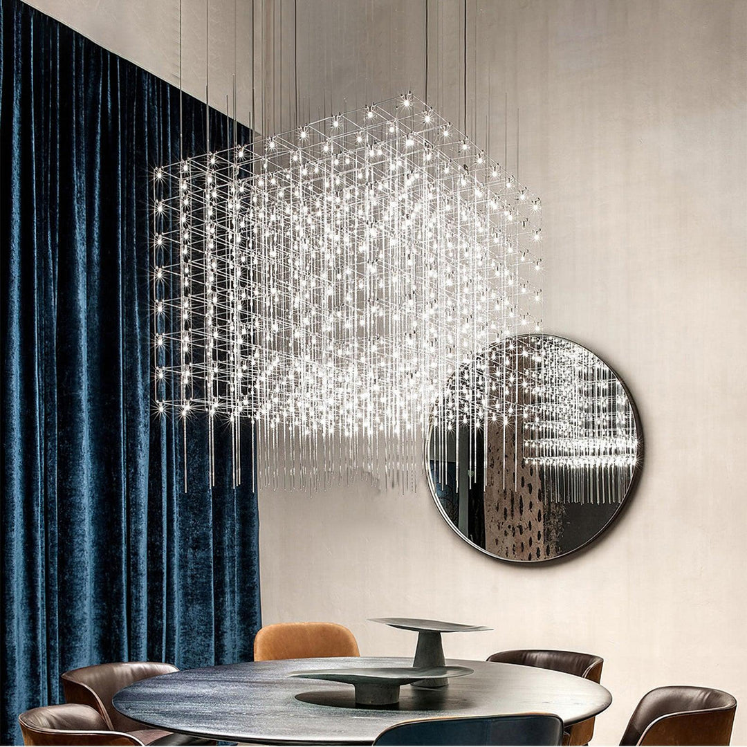 Modern Geometric LED Chandelier Cosmic Cube Chrome Pendant Ceiling Light