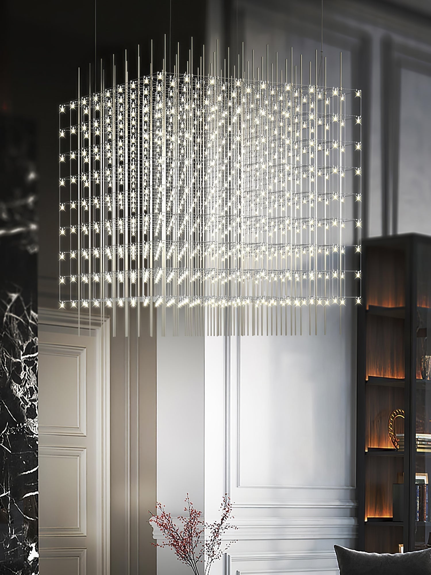 Modern Geometric LED Chandelier Cosmic Cube Chrome Pendant Ceiling Light