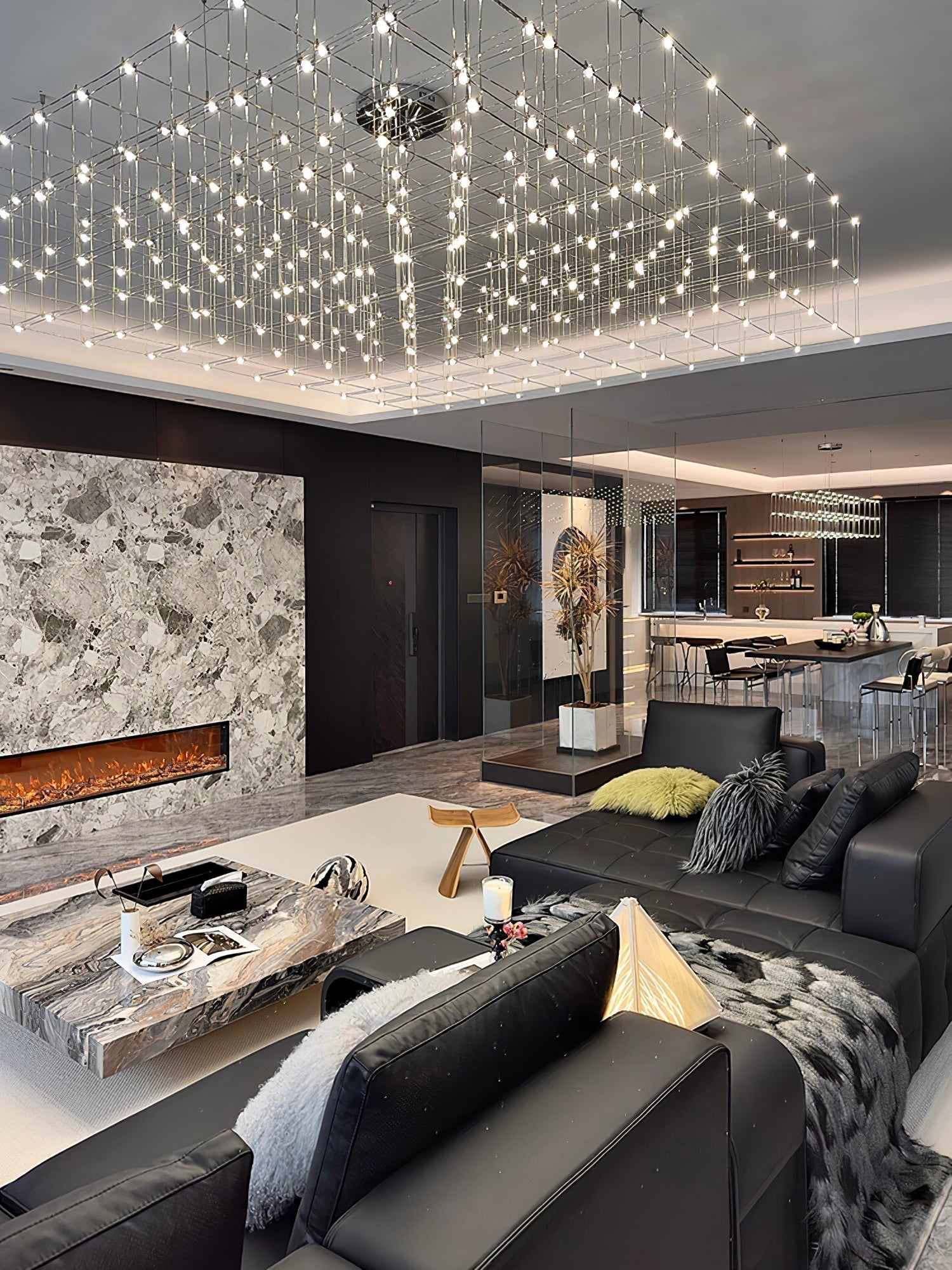 Modern Geometric LED Chandelier Cosmic Cube Chrome Pendant Ceiling Light