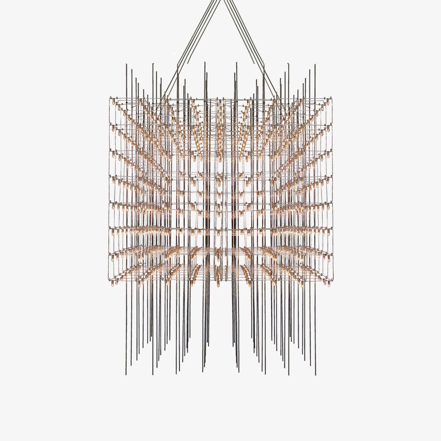 Modern Geometric LED Chandelier Cosmic Cube Chrome Pendant Ceiling Light