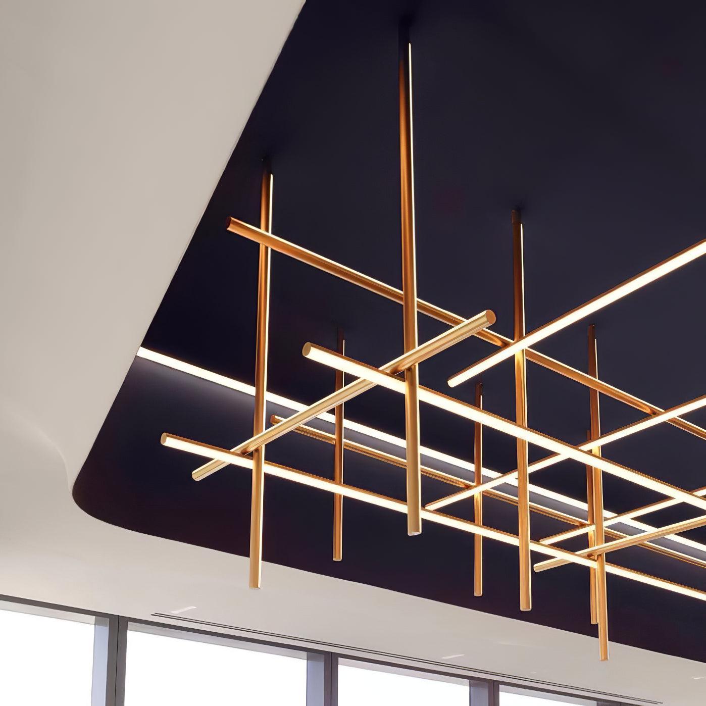 Modern Geometric LED Grid Pendant Light Contemporary Gold and Black Chandelier for Living Room
