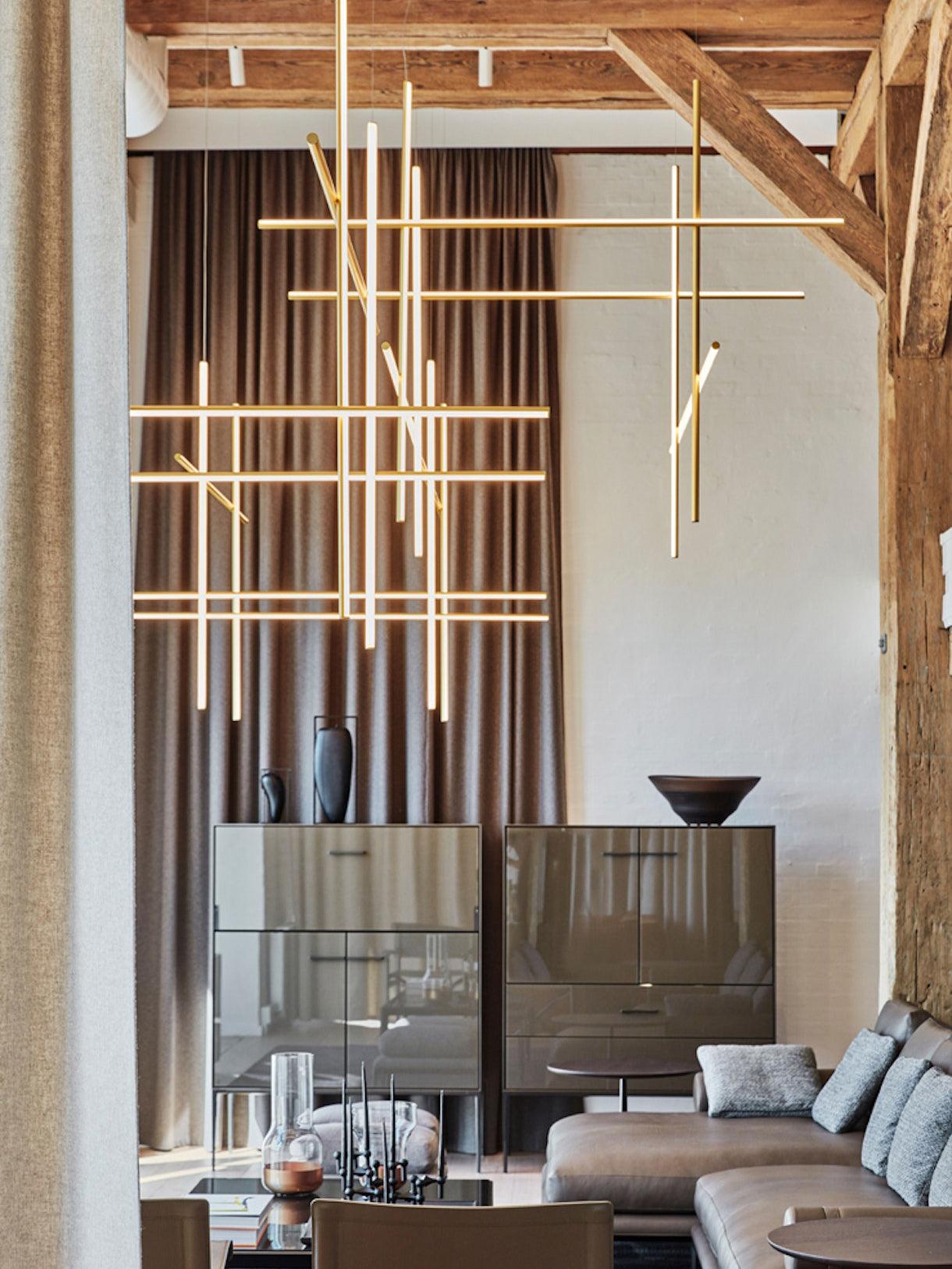 Modern Geometric LED Grid Pendant Light Contemporary Gold and Black Chandelier for Living Room