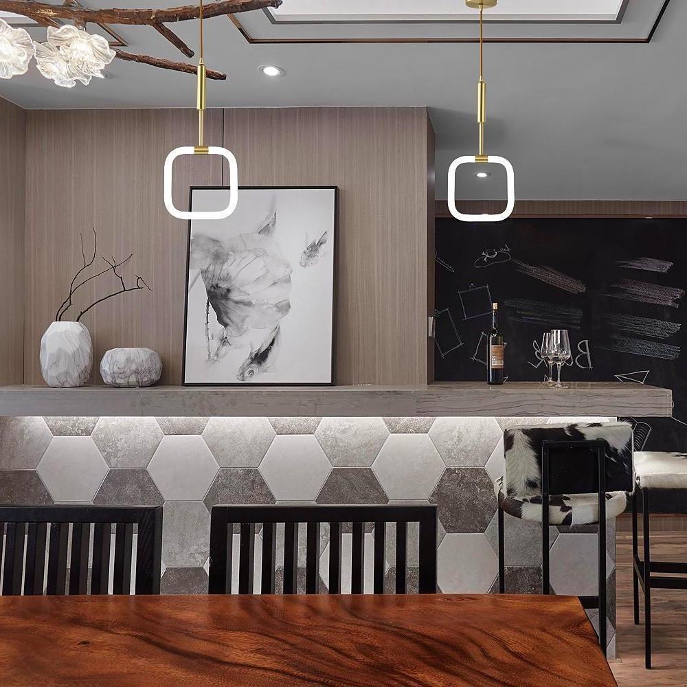 Modern Geometric LED Pendant Light with Brass Finish and Rounded Square Acrylic Shade