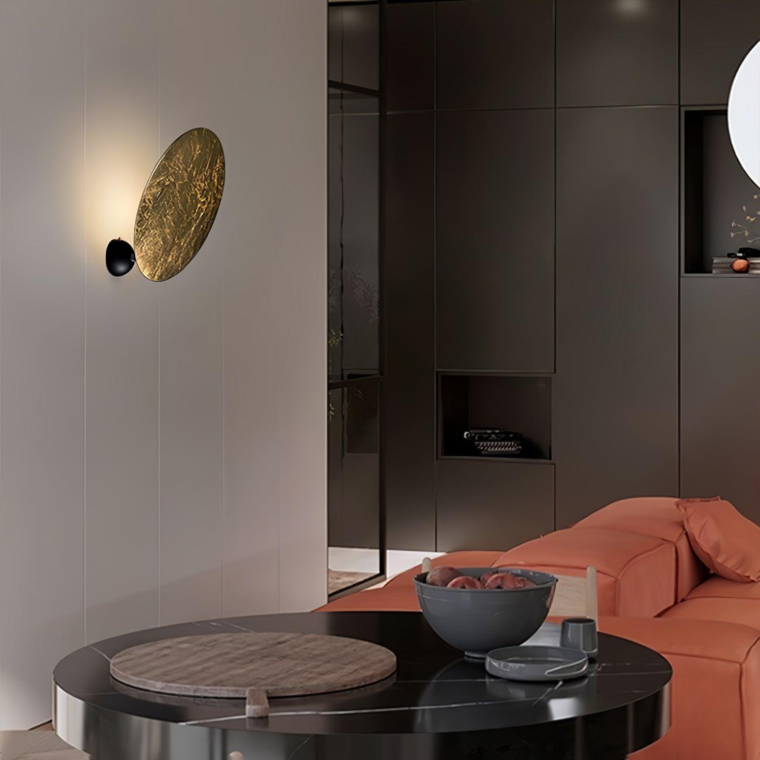 Modern Geometric LED Wall Sconce Minimalist Disk Design Set of Two Gold and Black Indoor Light Fixture