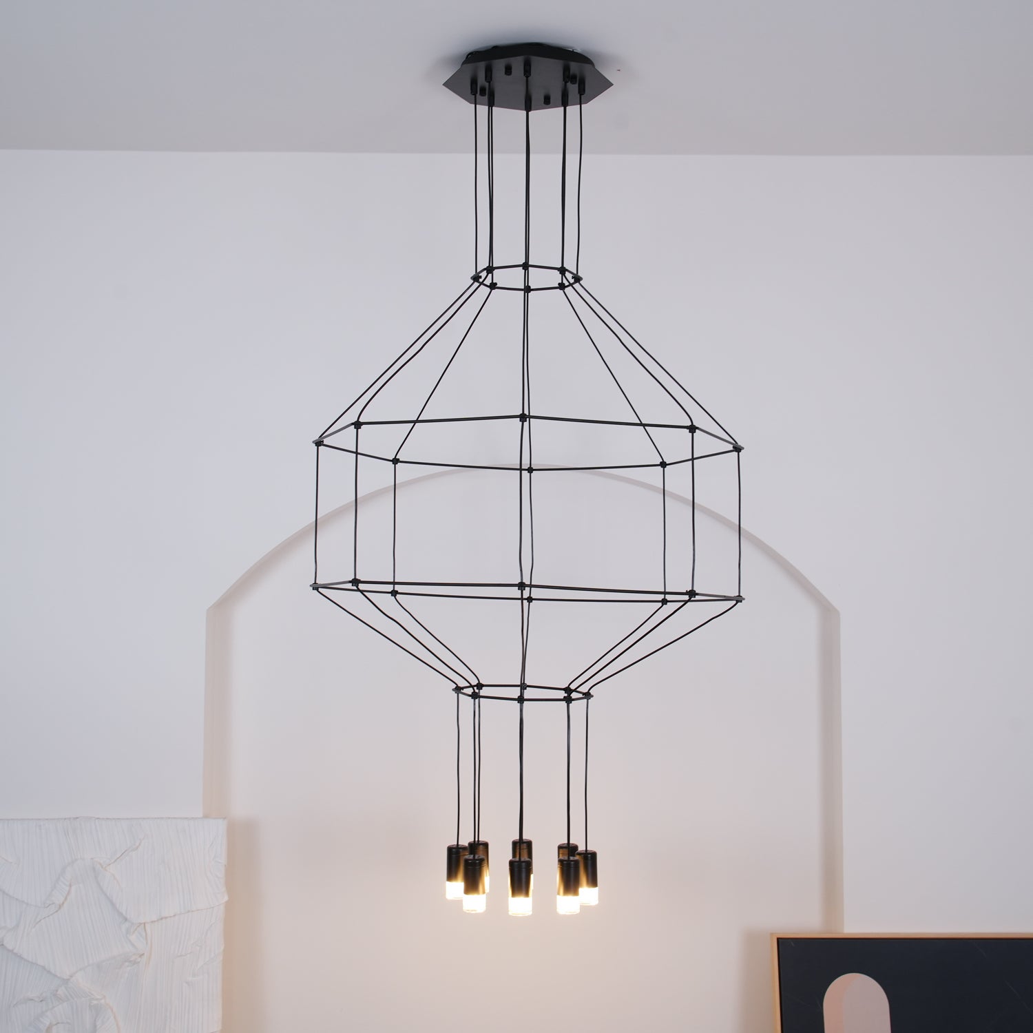 Modern Geometric LED Wire Pendant Lamp Contemporary Black Chandelier Lighting