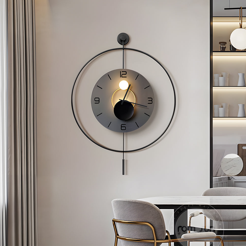 Modern Geometric Round LED Metal Wall Clock with Pendant Battery Powered Hanging Timepiece