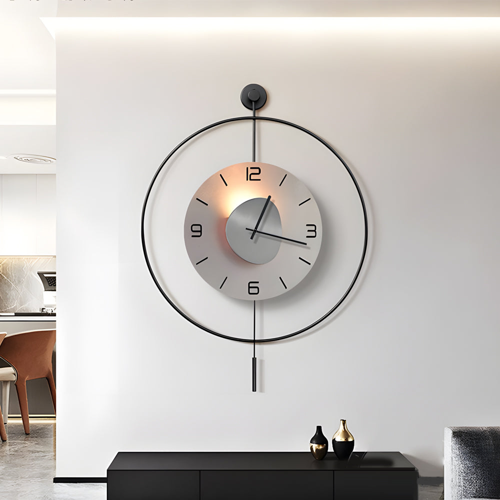 Modern Geometric Round LED Metal Wall Clock with Pendant Battery Powered Hanging Timepiece