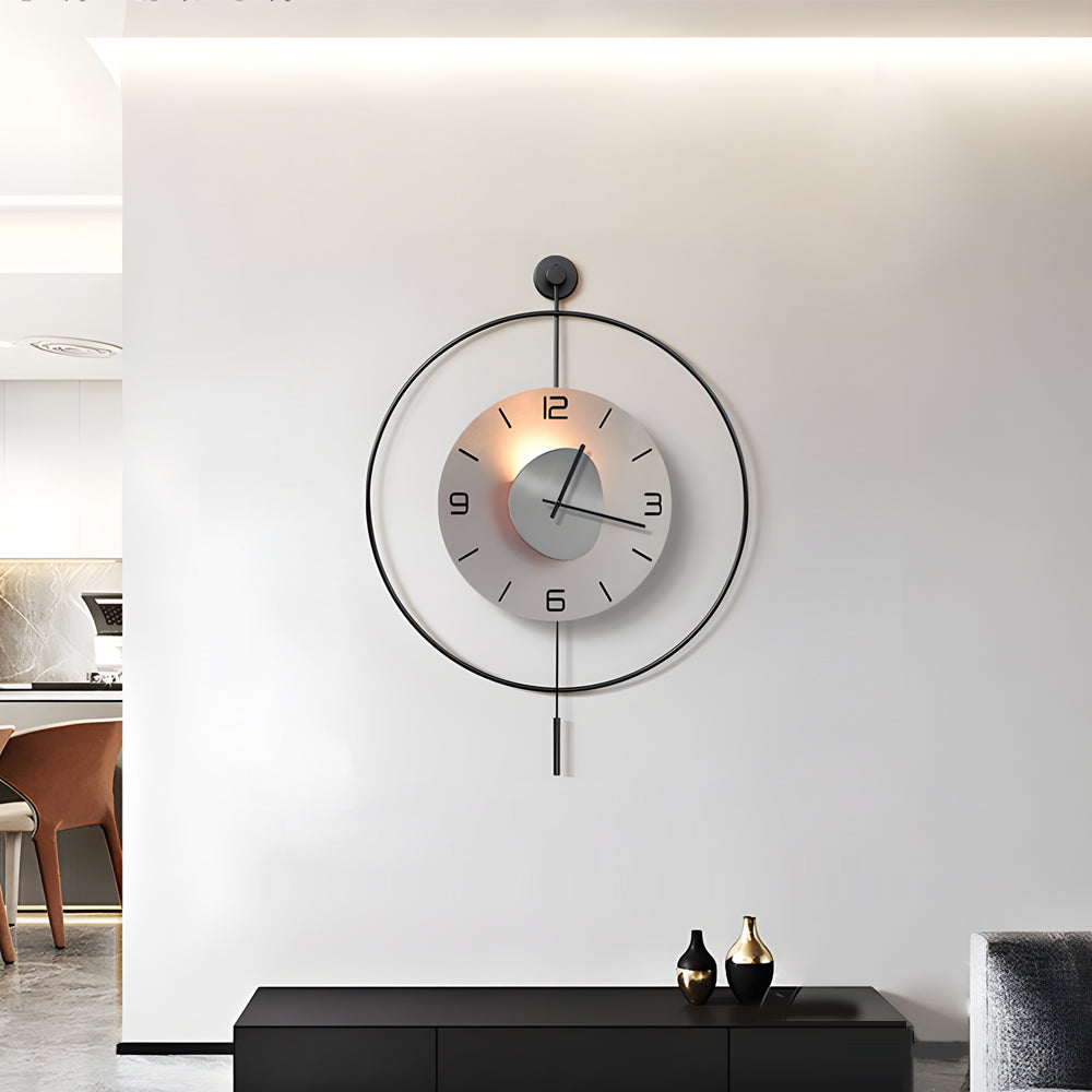 Modern Geometric Round LED Metal Wall Clock with Pendant Battery Powered Hanging Timepiece