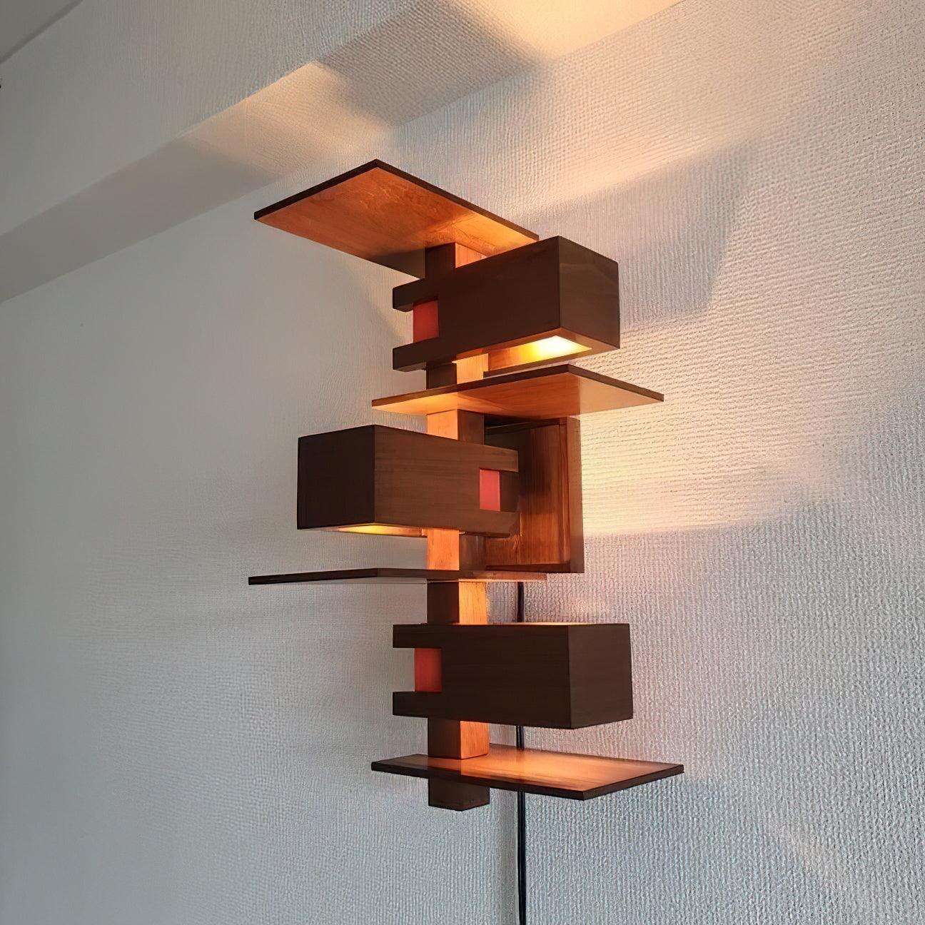 Modern Geometric Solid Wood Wall Sconce LED Rectangular Tower Wall Lamp for Indoor Spaces
