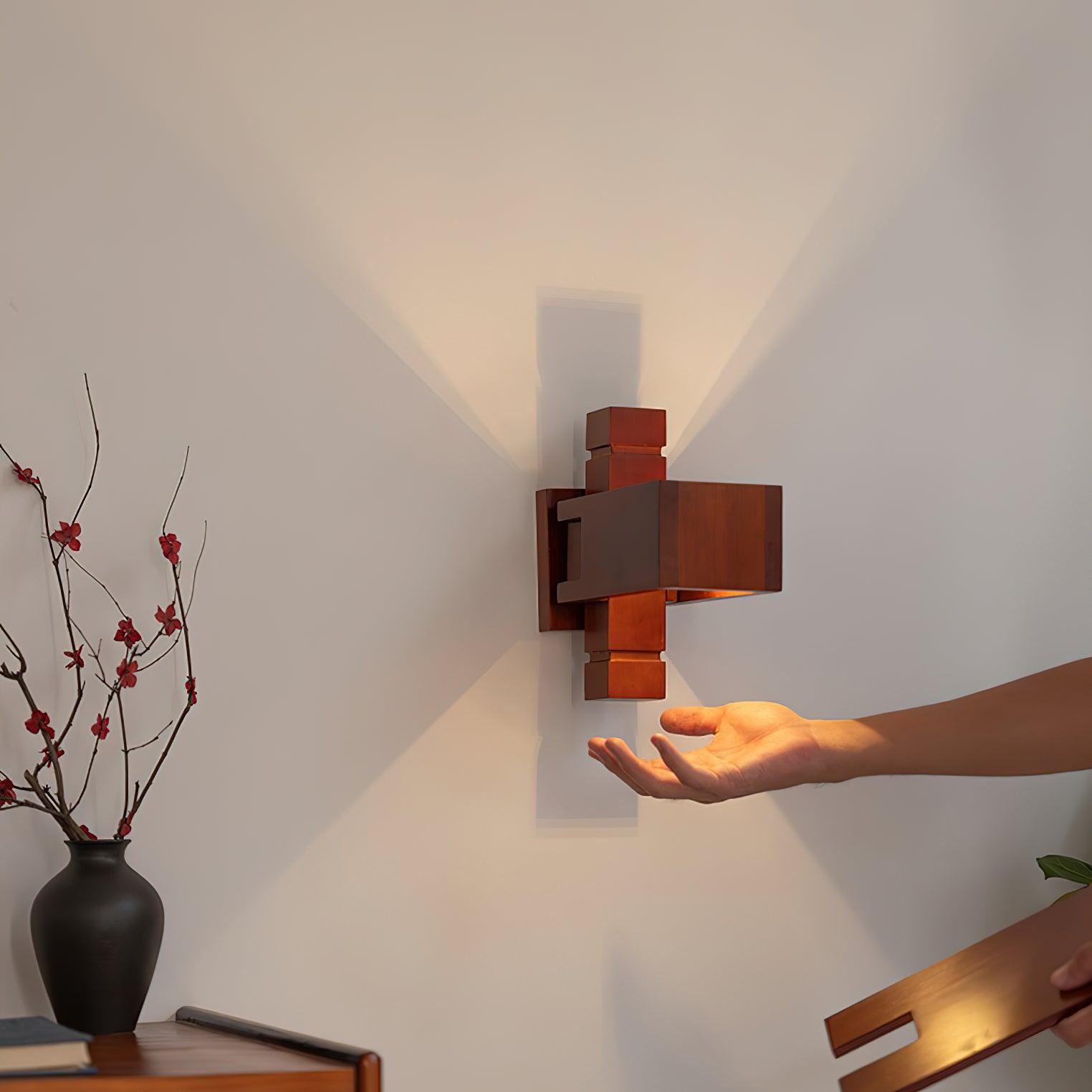 Modern Geometric Solid Wood Wall Sconce LED Rectangular Tower Wall Lamp for Indoor Spaces