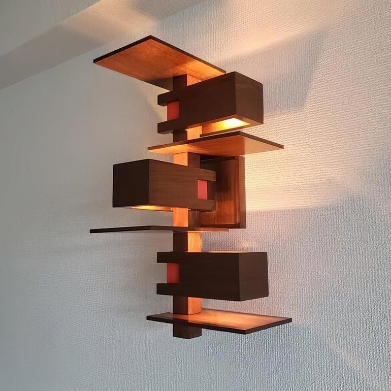 Modern Geometric Solid Wood Wall Sconce LED Rectangular Tower Wall Lamp for Indoor Spaces