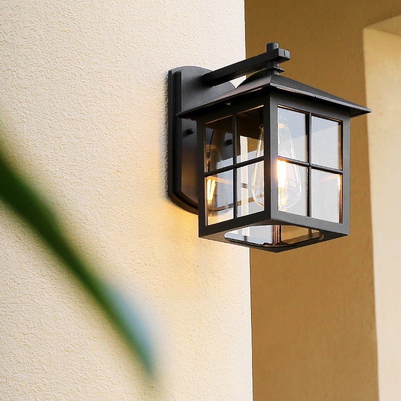 Modern Geometric Square Glass Outdoor Wall Lantern Waterproof Aluminum Exterior Light