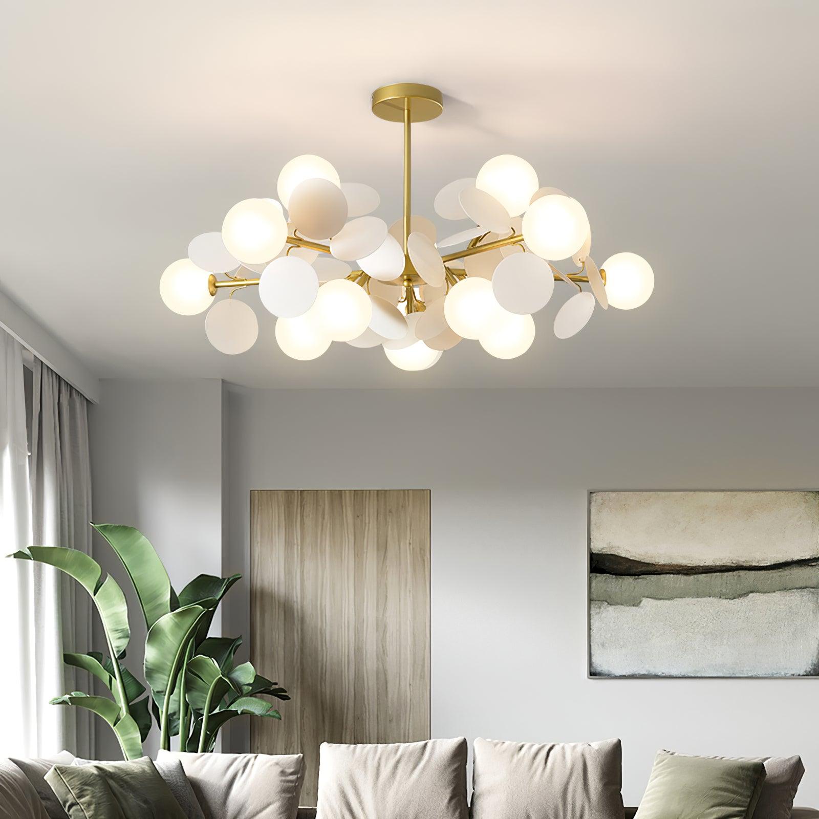 Modern Geometric Tree Branch Chandelier with Frosted Glass Shades and Gold Finish